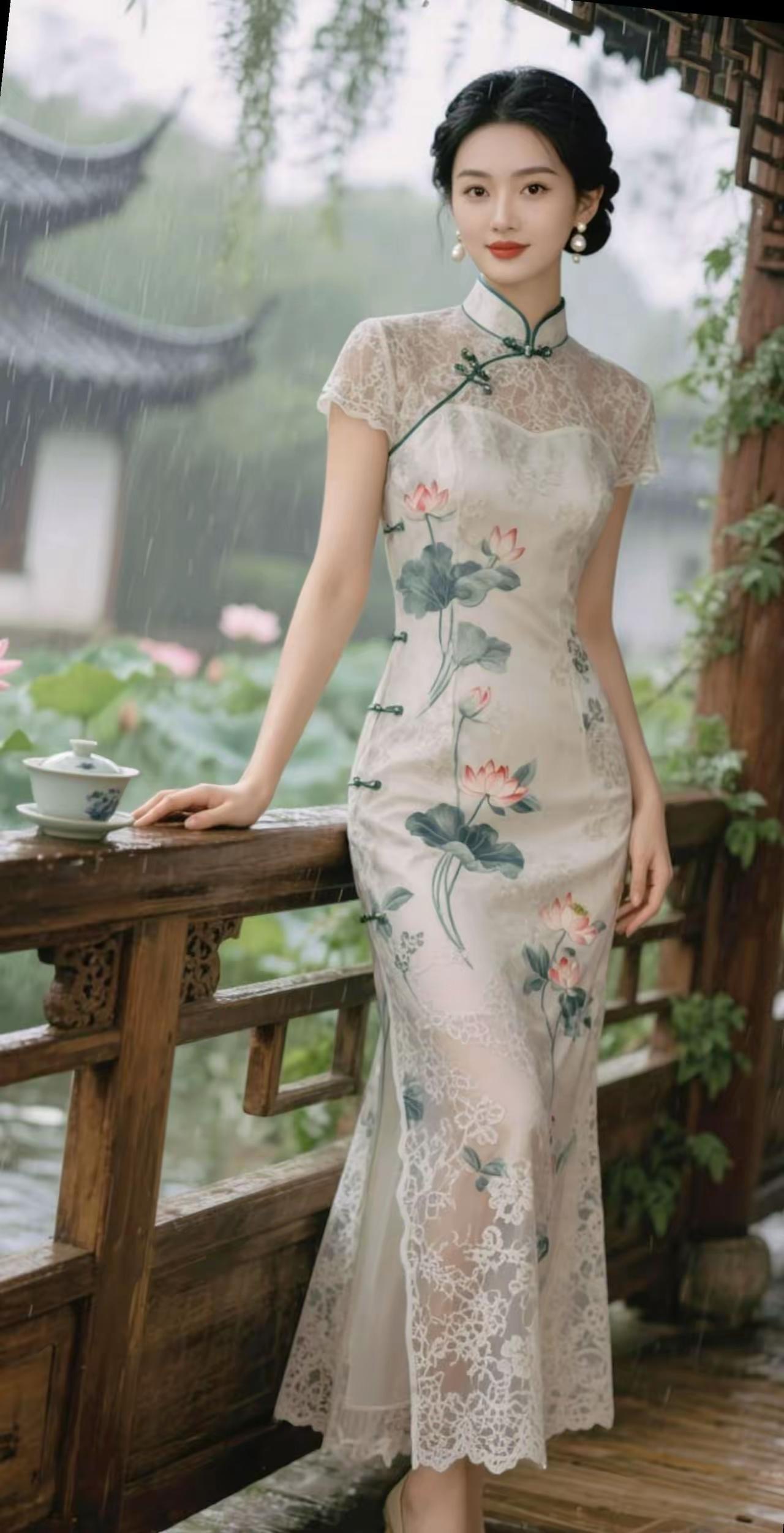 雨中漫步，古风旗袍，尽显东方韵味