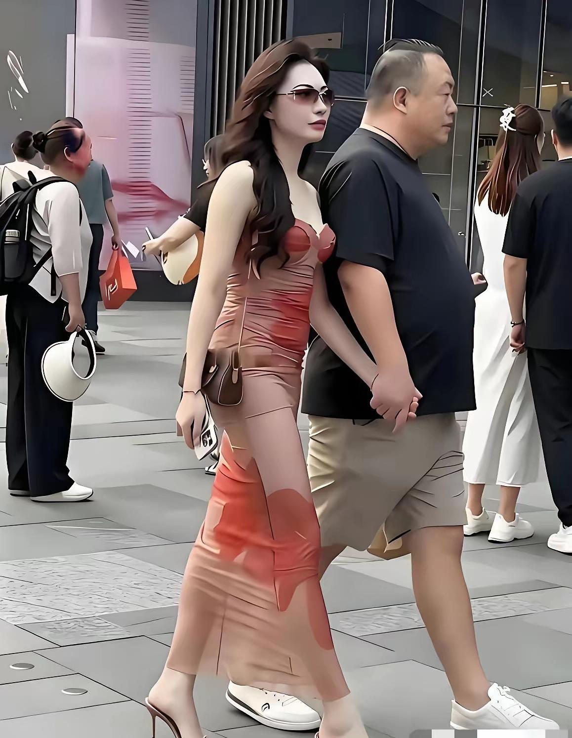 美女真漂亮，牵手男人胖。夫妻在逛街，幸福百年长。