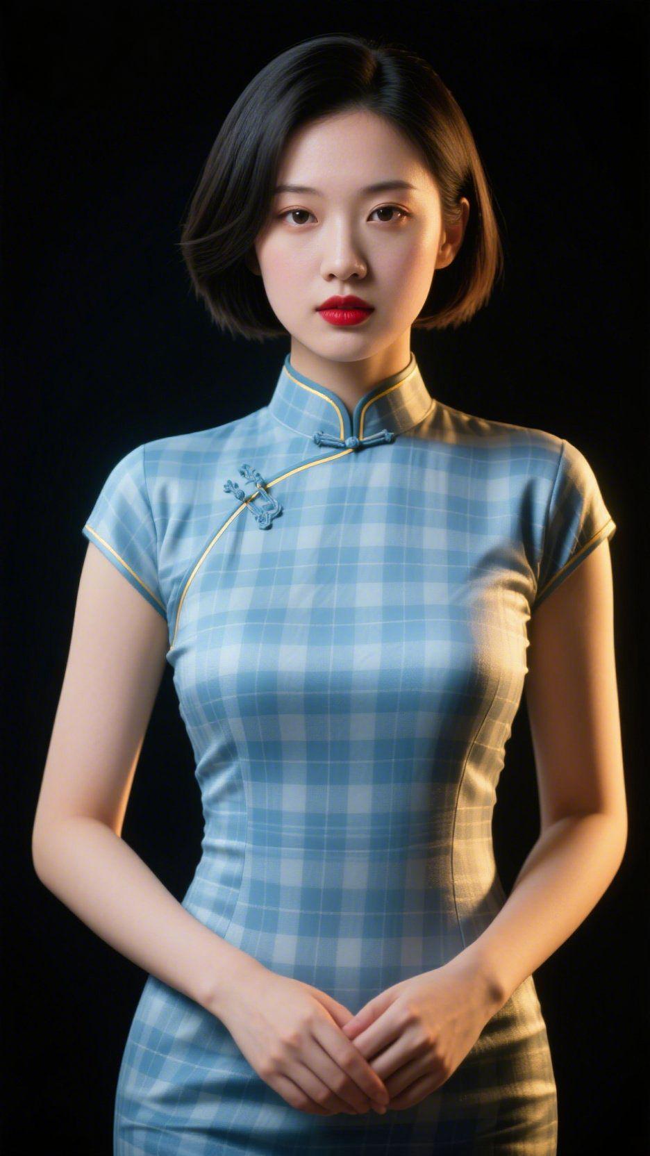 《青格旗袍裹清柔》浅青瓷色的格纹旗袍覆着缎面柔光，斜襟盘扣似润玉般妥帖，领