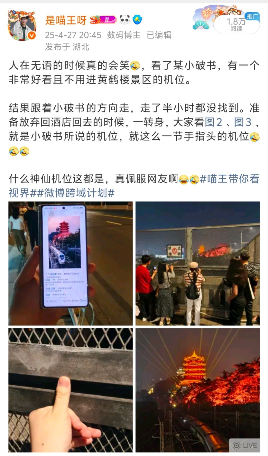 再现当时黄鹤楼的场景[捂脸哭]这么多人扒拉着铁丝网，就为图3这个机位哈哈哈[捂脸哭]