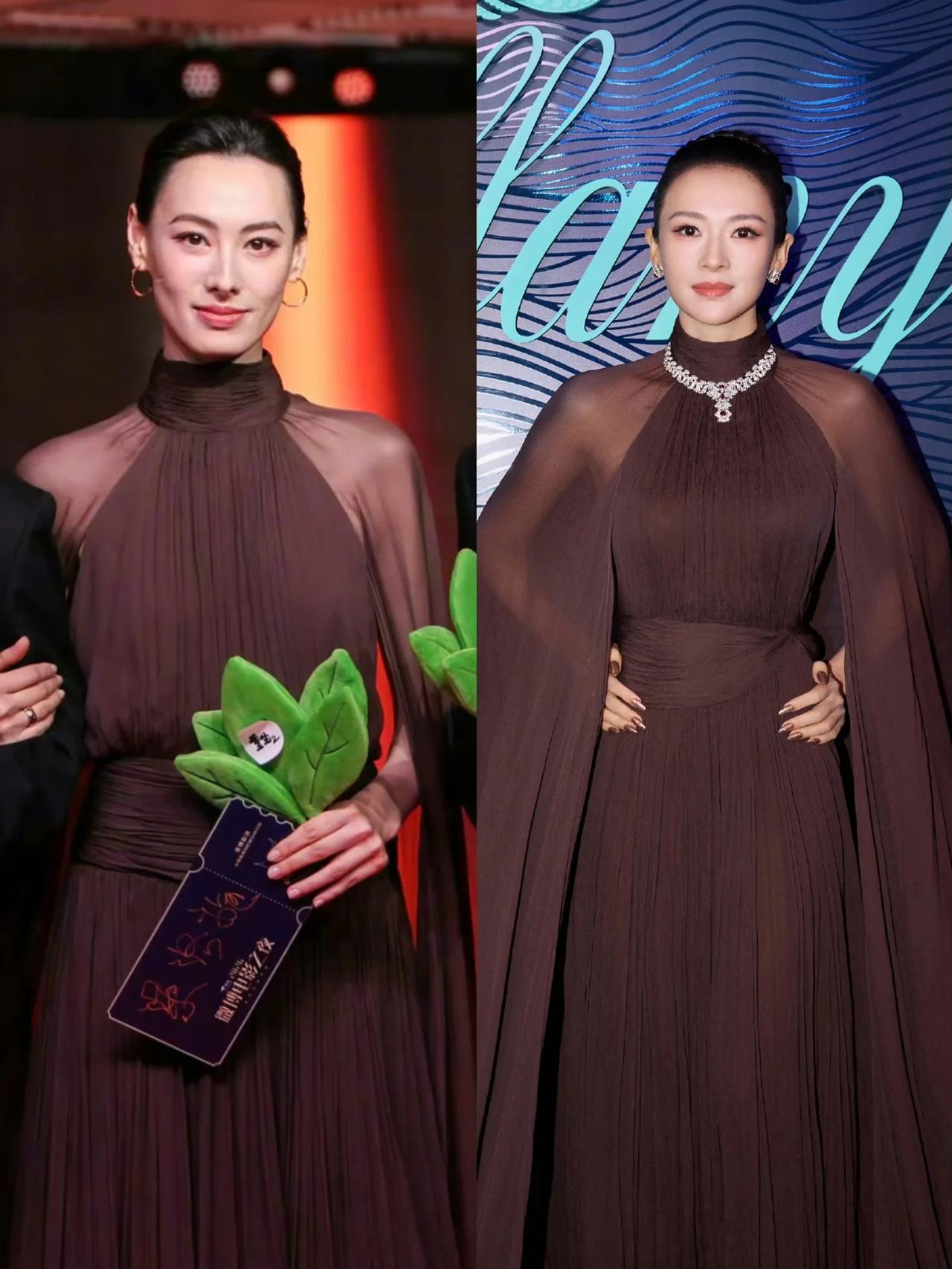 左边是梁洛施，1988年出生，身高172cm。右边是章子怡，1979年出生，身