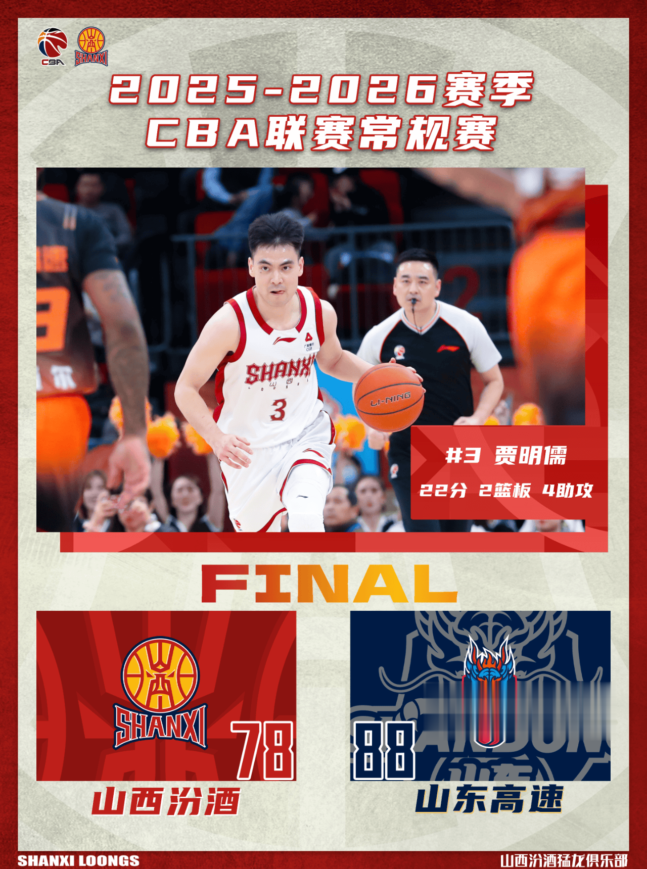 山西男篮社媒晒照回顾本场比赛: 球队78-88不敌山东男篮