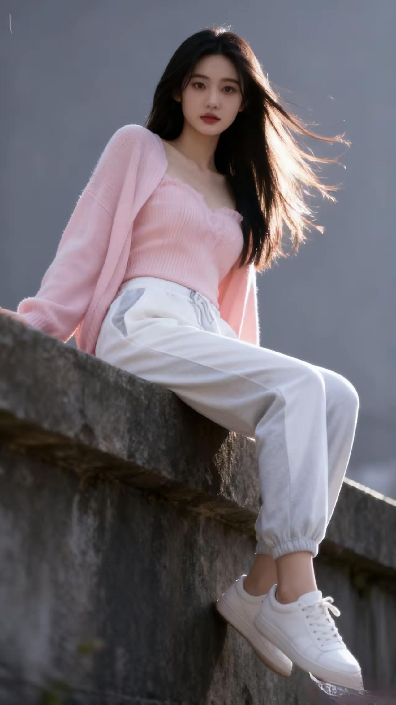 少女心满满，粉色毛衣搭配白色裤子，坐在石墙上，阳光洒落，美得像一幅画。女生为什么