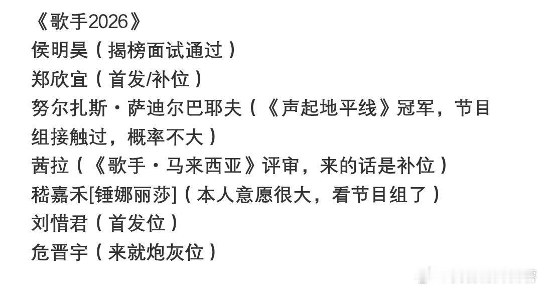 《歌手2026》🍉侯明昊（揭榜面试通过）郑欣宜（首发/补位）努尔扎斯•萨迪尔巴