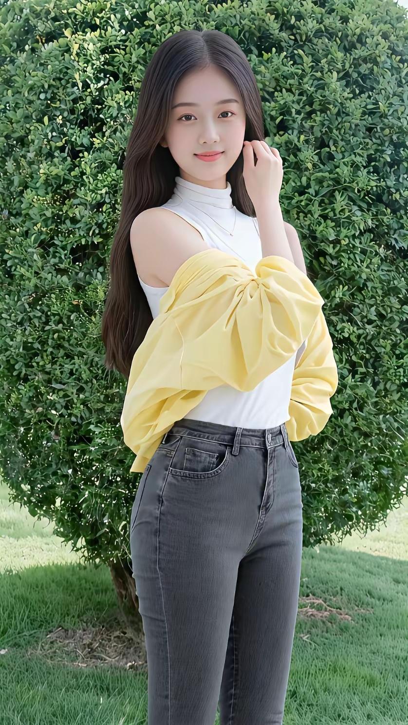 这位姑娘在绿树前拍照呢。