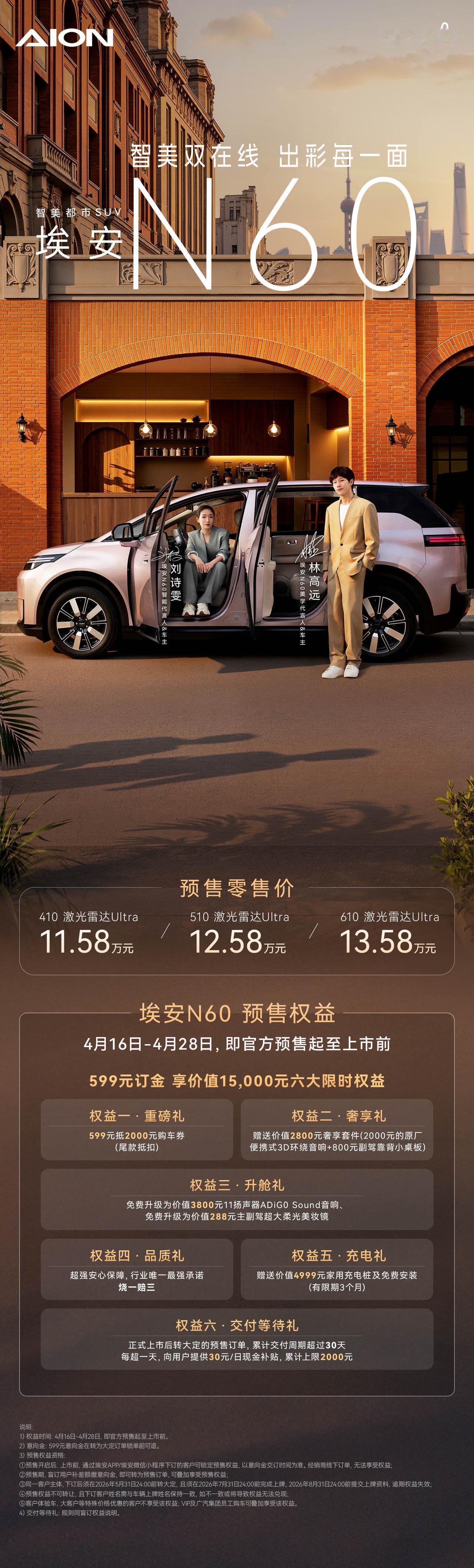 埃安N60预售11.58万起，标配激光雷达智驾！广汽埃安N60正式开启预售，