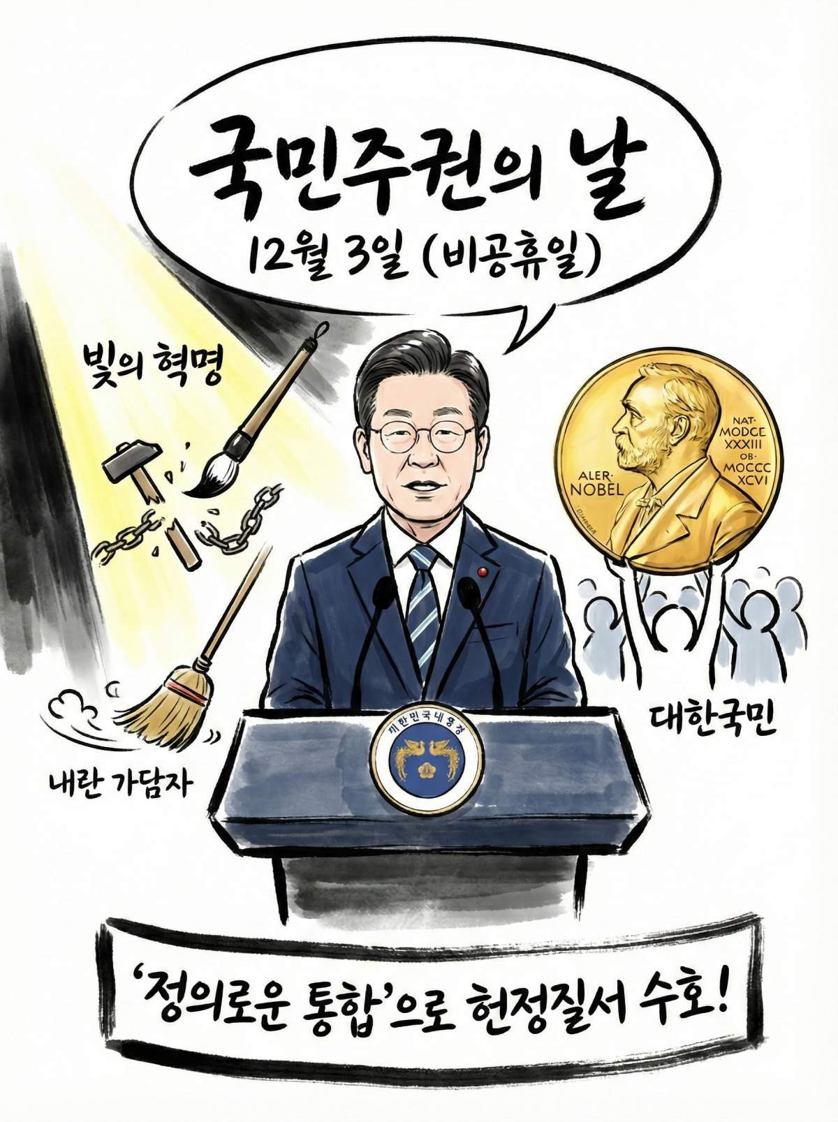 韩国总统李在明称说，韩国人民成功渡过这场史无前例的戒严令灾难，完全配得上诺贝尔和