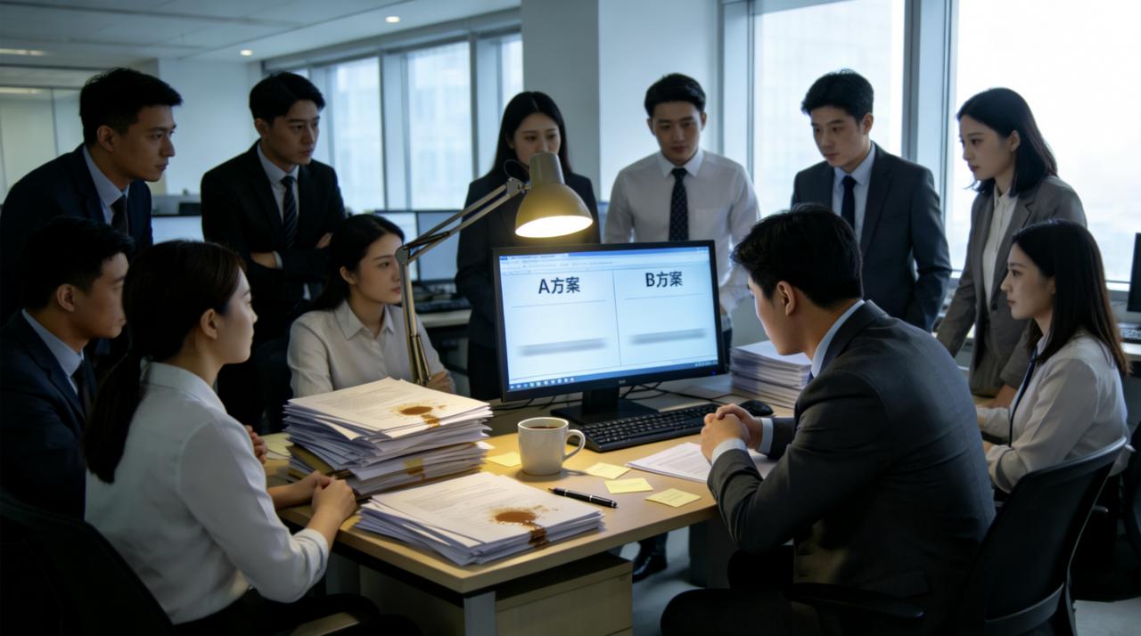 市场部做方案，组长让小林准备两版，明天给总监选。小林熬了一夜，做了一份精心打磨