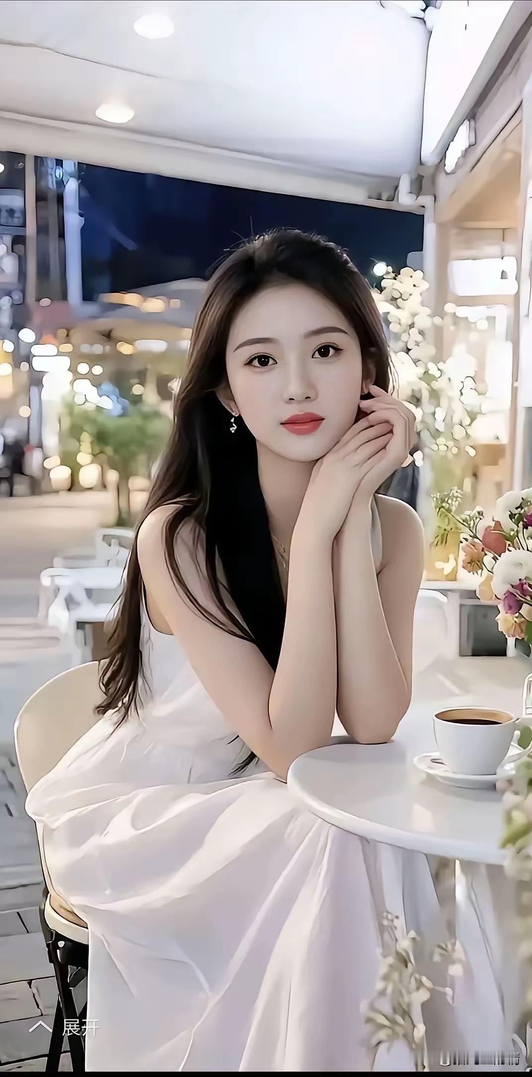 夜晚的咖啡馆，优雅少女静坐，享受宁静时光。