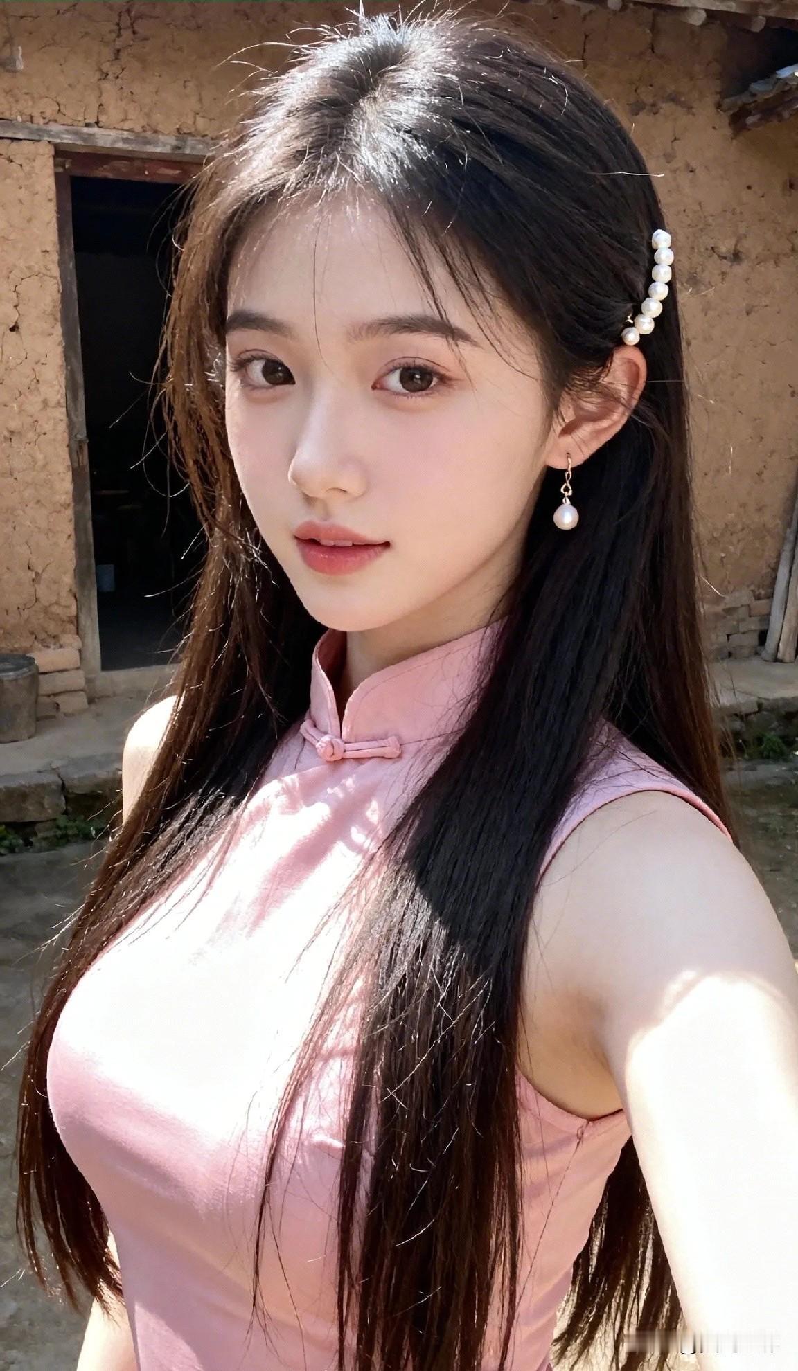 光之影粉衣美人倚门立，春光满面笑语频。粉裙花影粉纱花衣美人