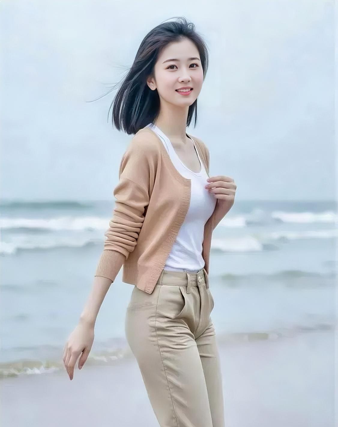 《海畔的浅杏微风》浅杏开衫，裹着纯白的柔软，卡其长裤，踏过潮汐的轻缓。