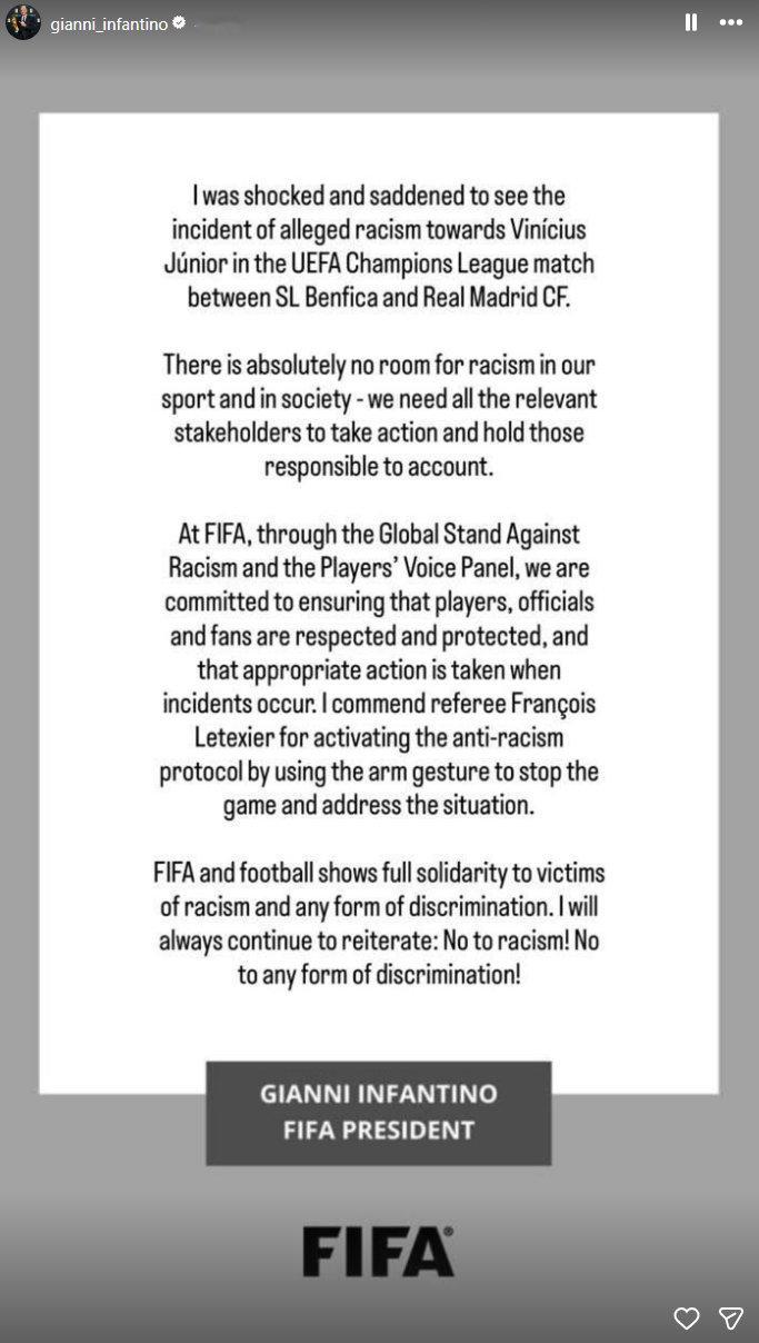 国际足联因凡蒂诺：“在本菲卡与皇家马德里的欧冠比赛中，出现针对威尼修斯的涉嫌种