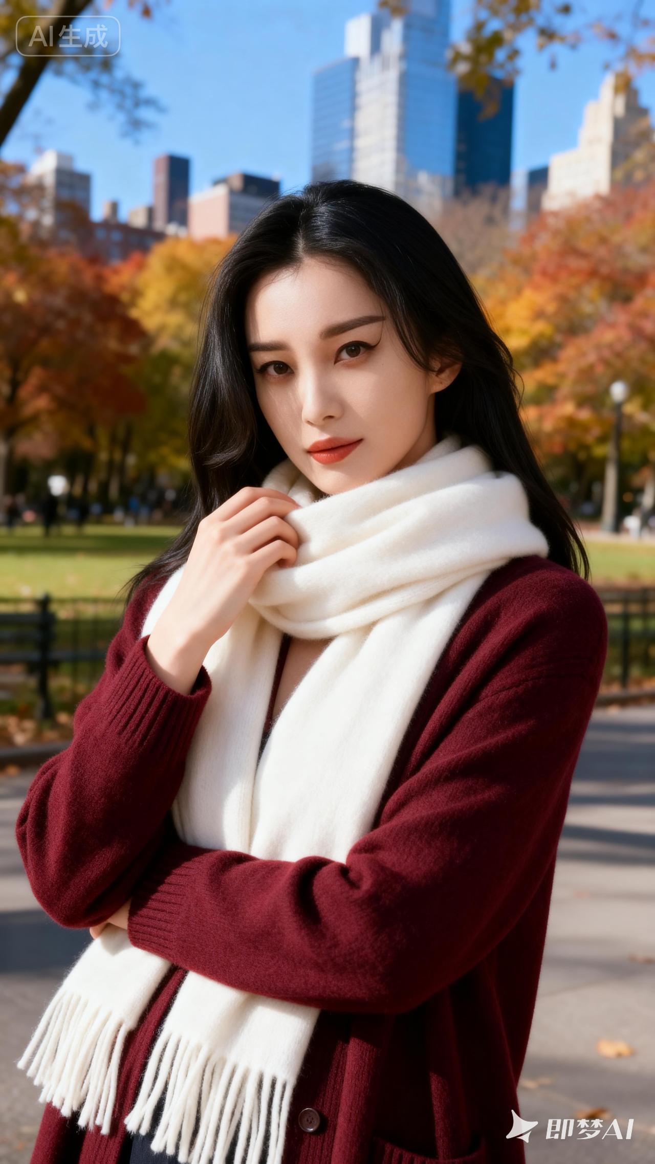 秋日暖阳下的都市少女，温柔围巾与红衣相映成趣。