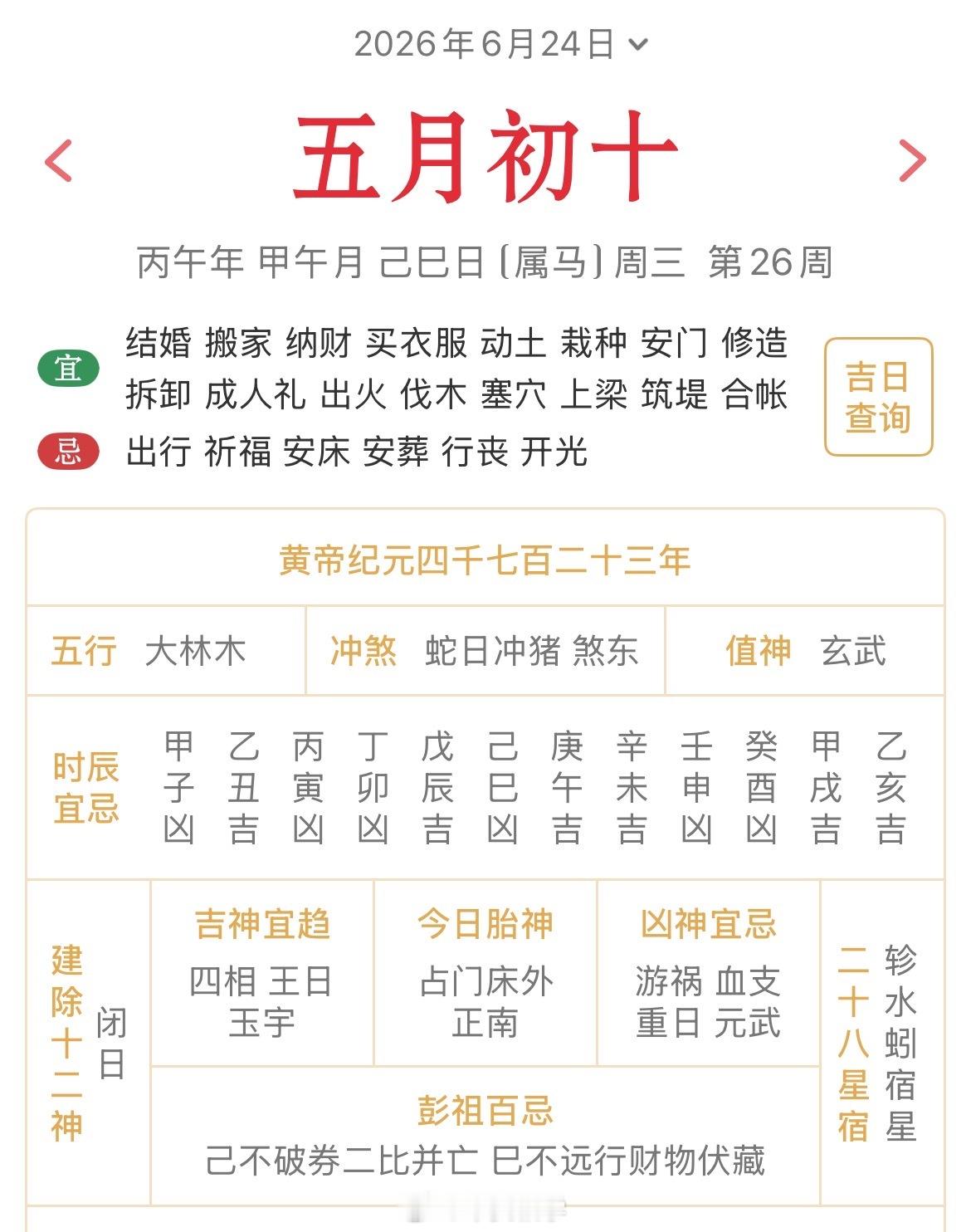 十二生肖每日简运仅供参考2026.6.24丙午年甲午月己巳日己巳天克地冲癸亥：