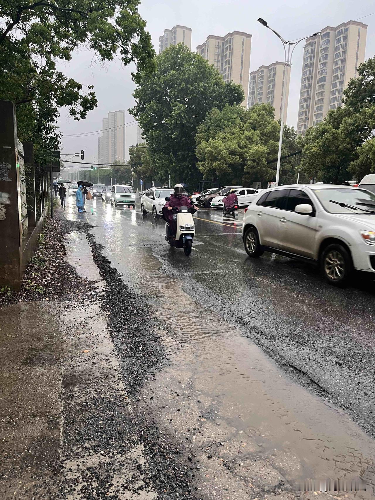 武汉这雨一下，路上就秒变“水上乐园”。刚出门鞋子就湿了半截，骑车的师傅们裹着雨