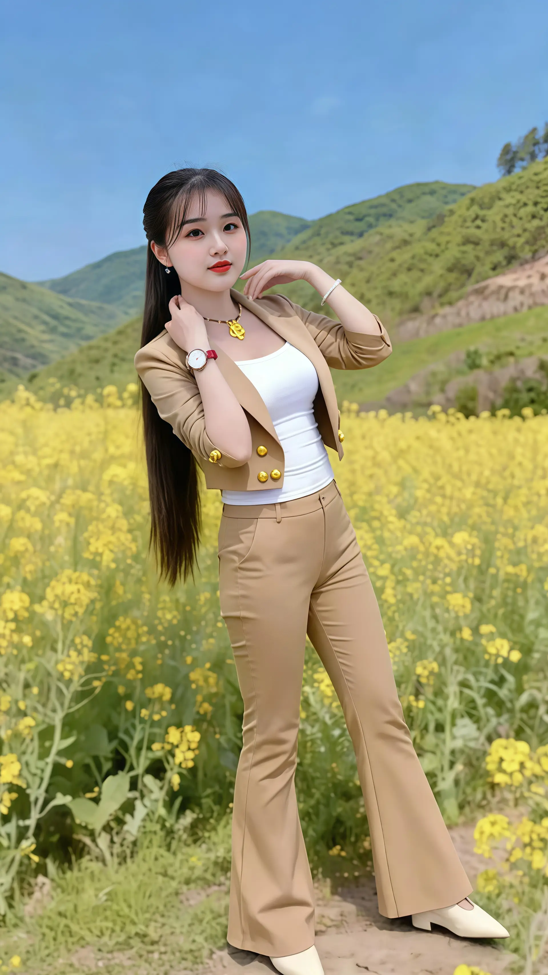 街拍t恤 每天不同穿搭 穿搭没有公式 河边穿搭 油菜花拍照姿势