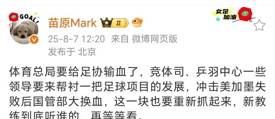 足球名记苗原：体育总局从竞体司、乒羽中心给足协调了一些人！该媒体人表示，中国国