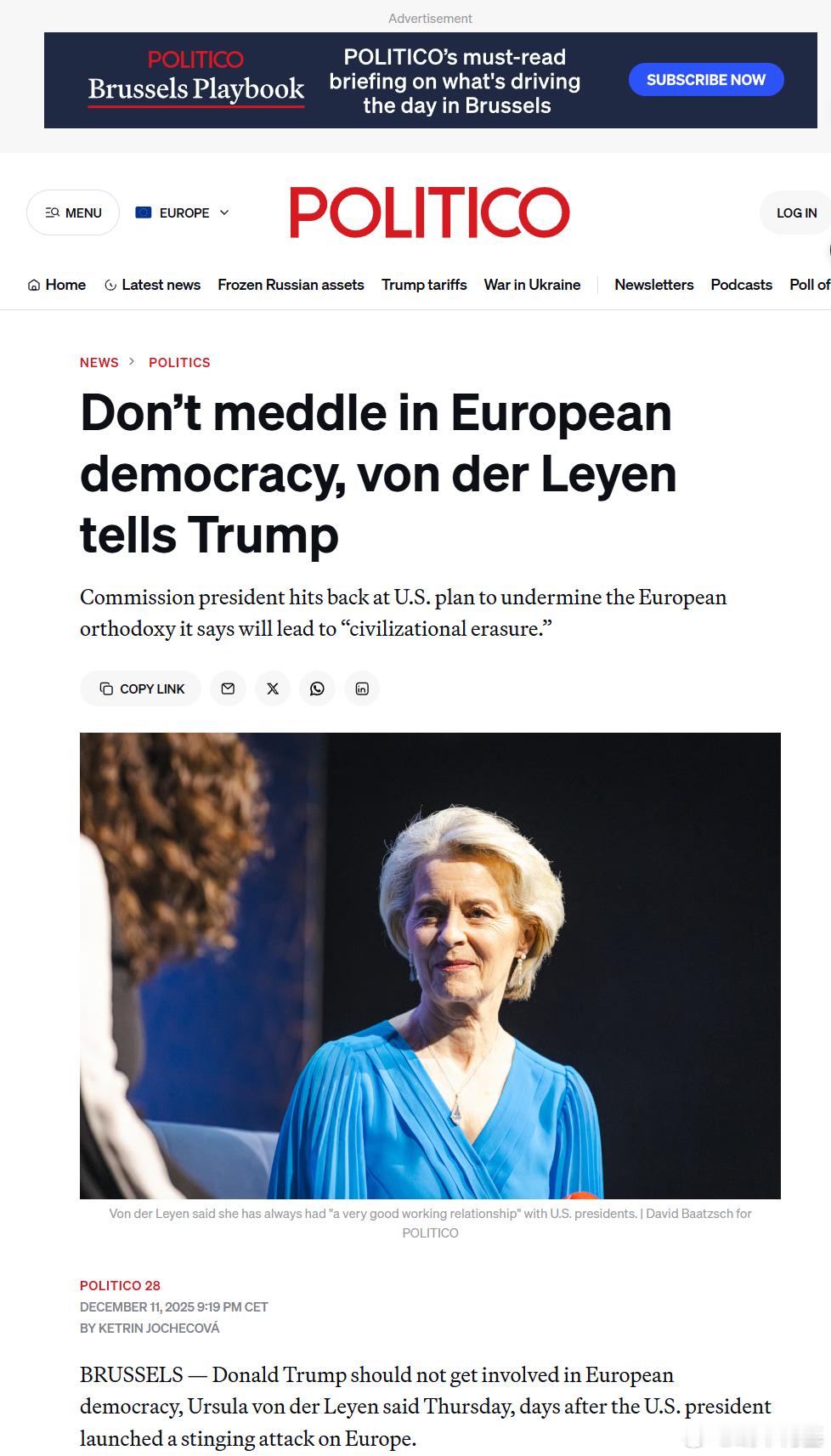 冯德莱恩表示，特朗普不应该干涉欧洲民主“关于选举，谁将成为国家领导人不是我们来决