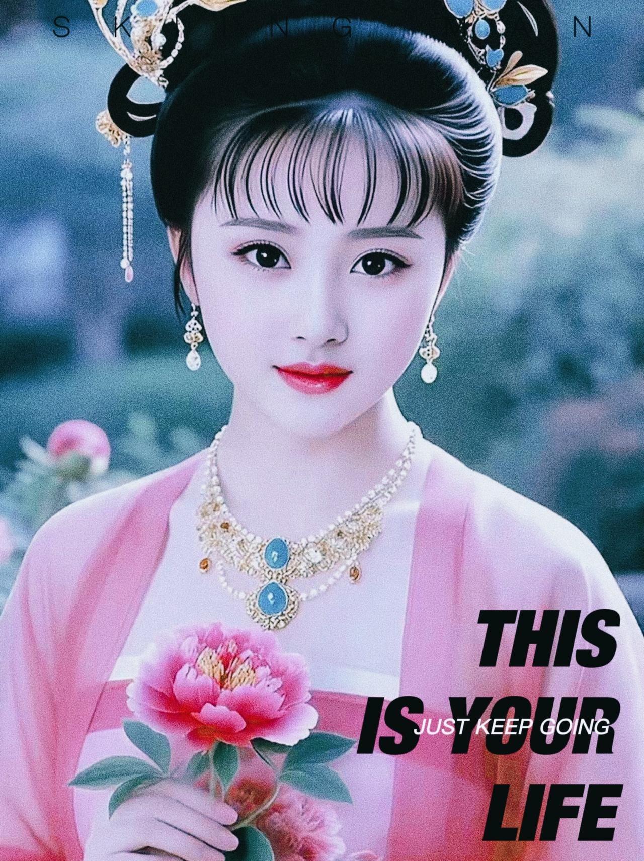 古风美女手捧桃花，生活如诗如画