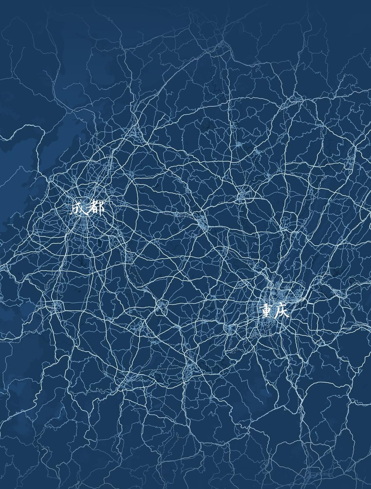 成渝双城地图：双城越来越紧密了成渝双城经济圈区域地图，看道路密集区域就是城市