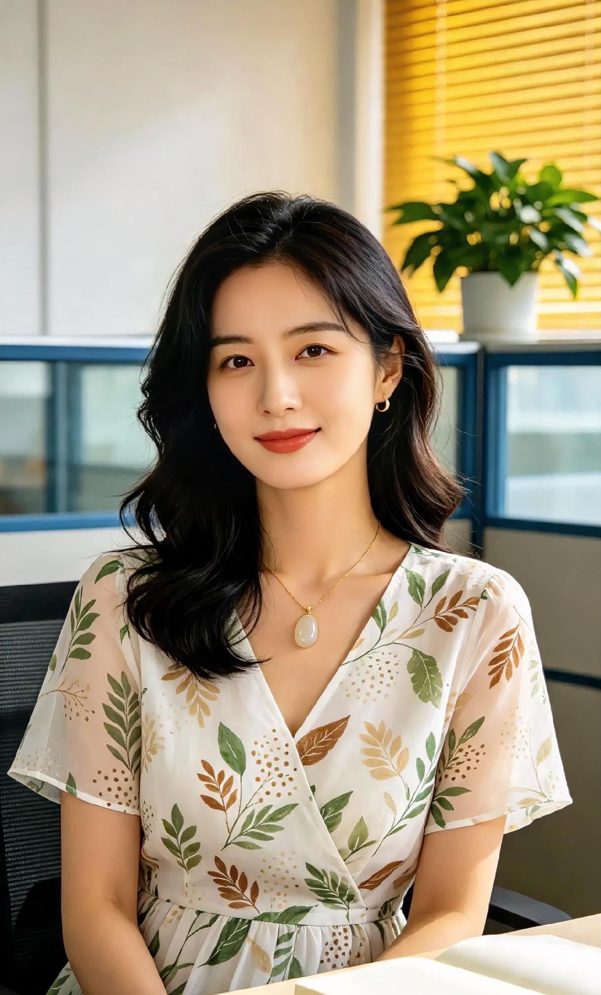 阳光一斜，办公室便长了叶子。碎花轻漾，玉坠温润。卷发微垂，笑意清新。