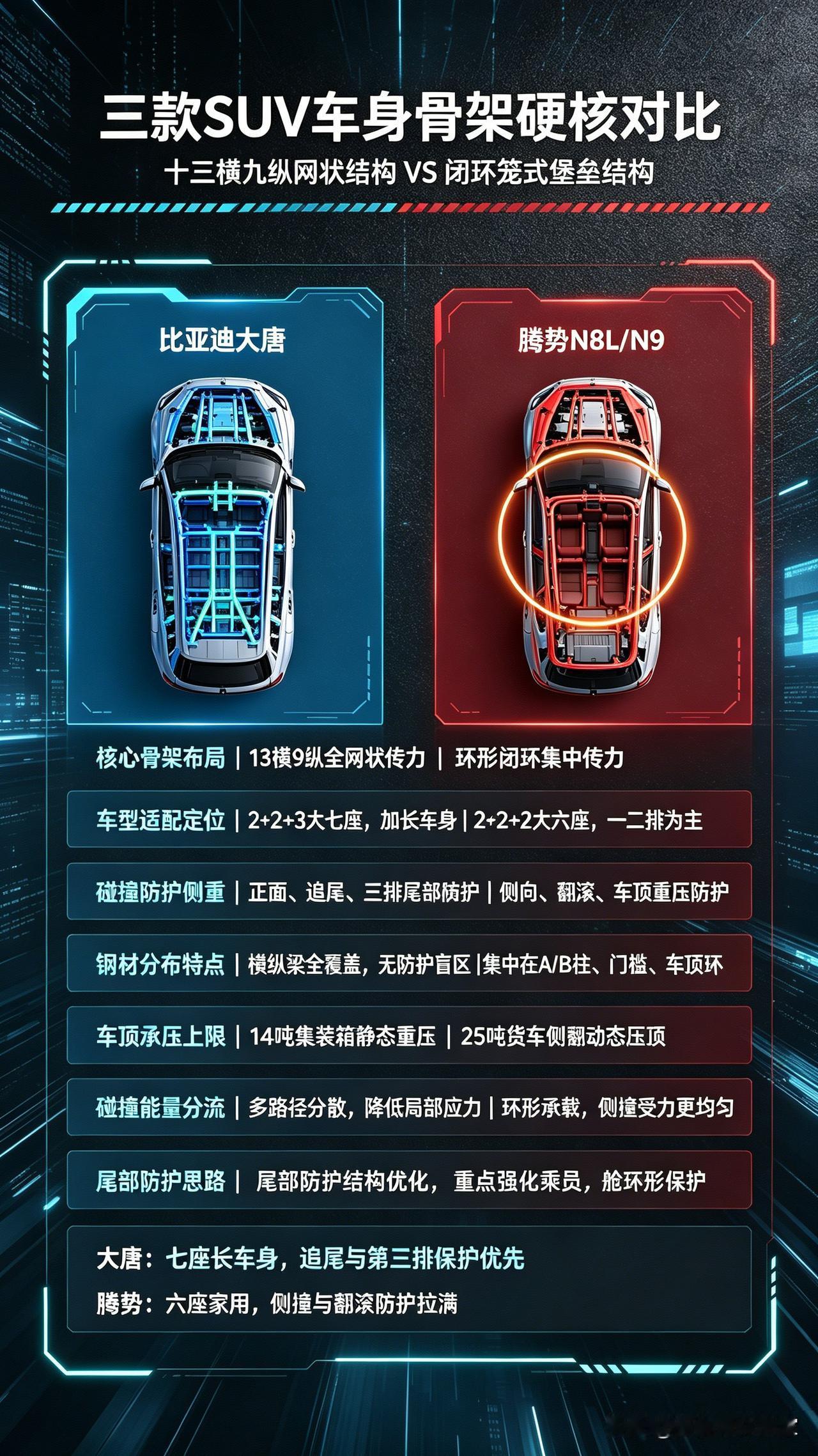 大唐/腾势N8L/N9的被动安全同样都是大型SUV，但骨架设计逻辑完全分开：