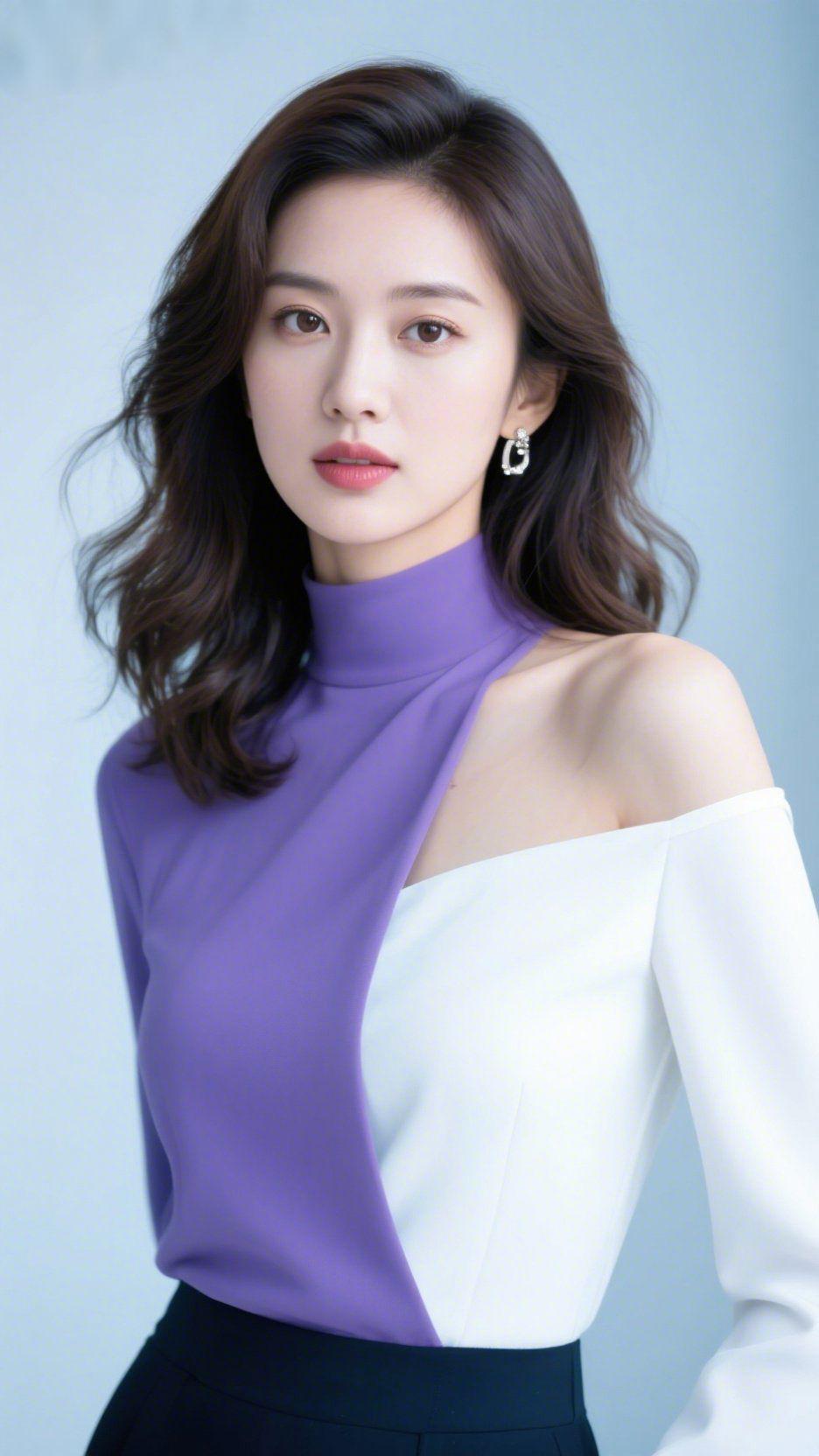 《紫柔》淡紫与素白在肩颈轻叠，像拢住了春晨的雾与云。高领裹着妥帖的温，露肩