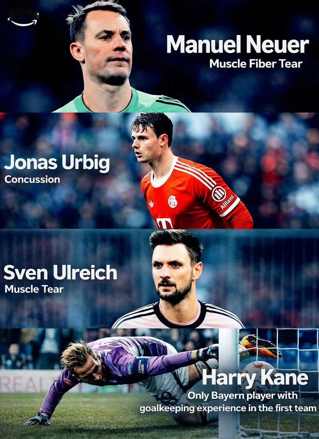 拜仁队内三名门将全部受伤，预计无缘与亚特兰大的欧冠1/8决赛次回合。而凯恩恰好当