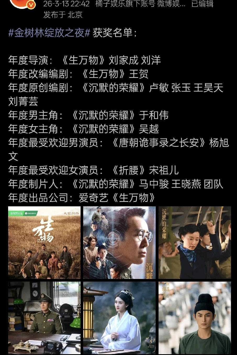 又一个「白玉兰前哨奖」获奖名单出炉了。[呲牙笑][呲牙笑]此前预测的两大热🚪流