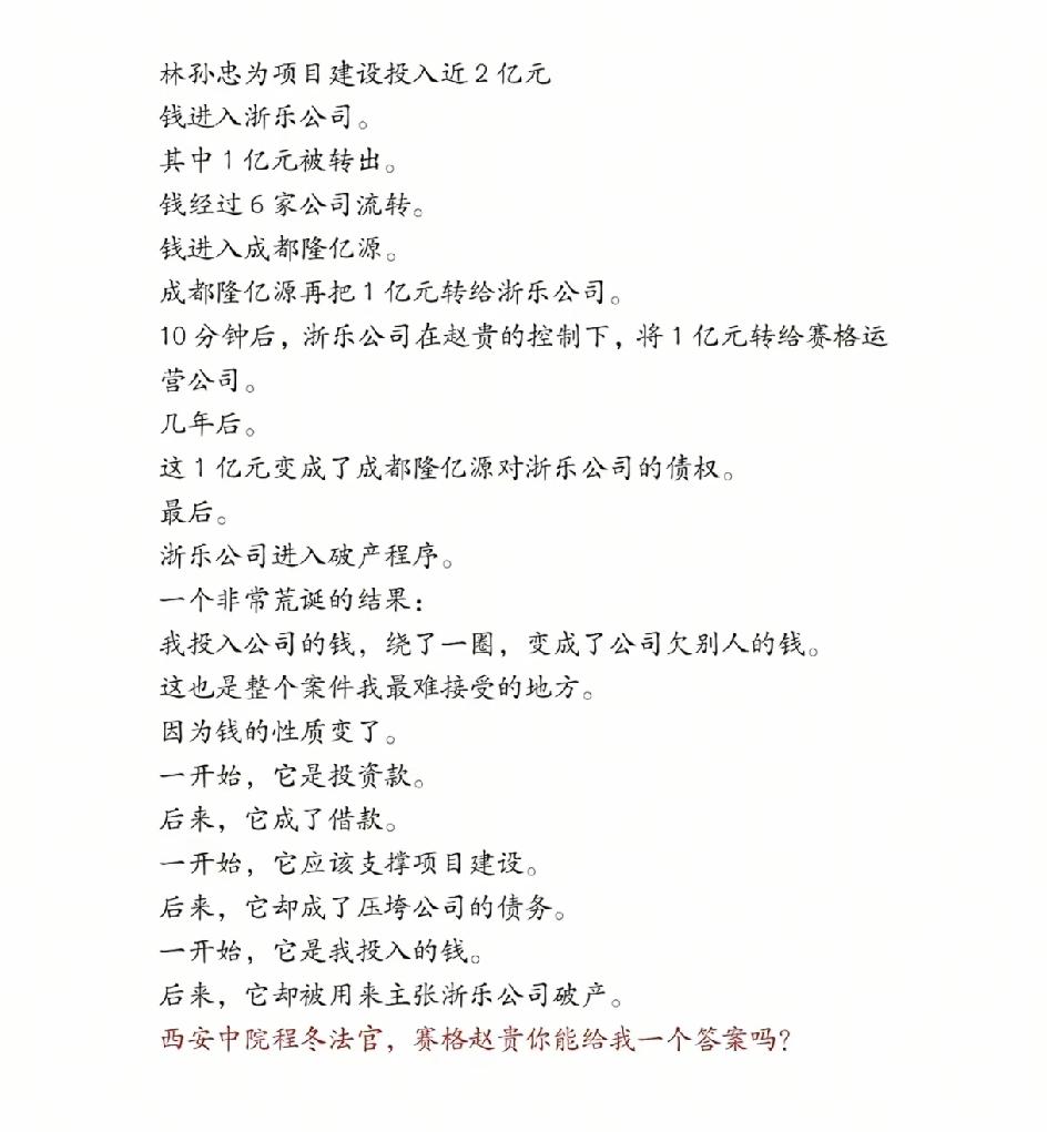 林孙忠为西安赛格投资两亿，钱打到浙乐公司账上。赵贵冒充林孙忠签字，把其中的一个亿