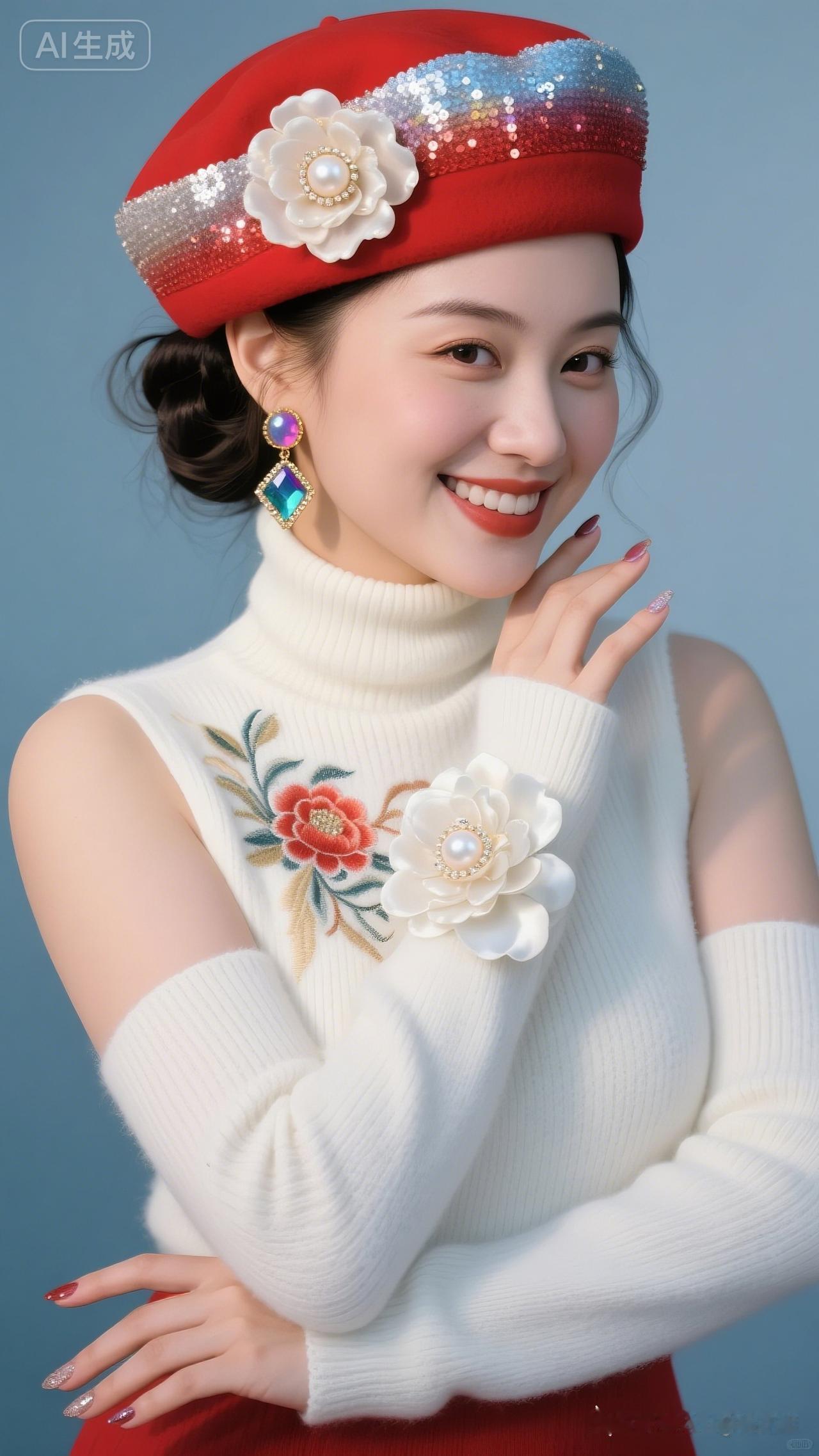 甜美少女风穿搭，红帽子与白毛衣的完美搭配，尽显优雅与时尚！🌸💖