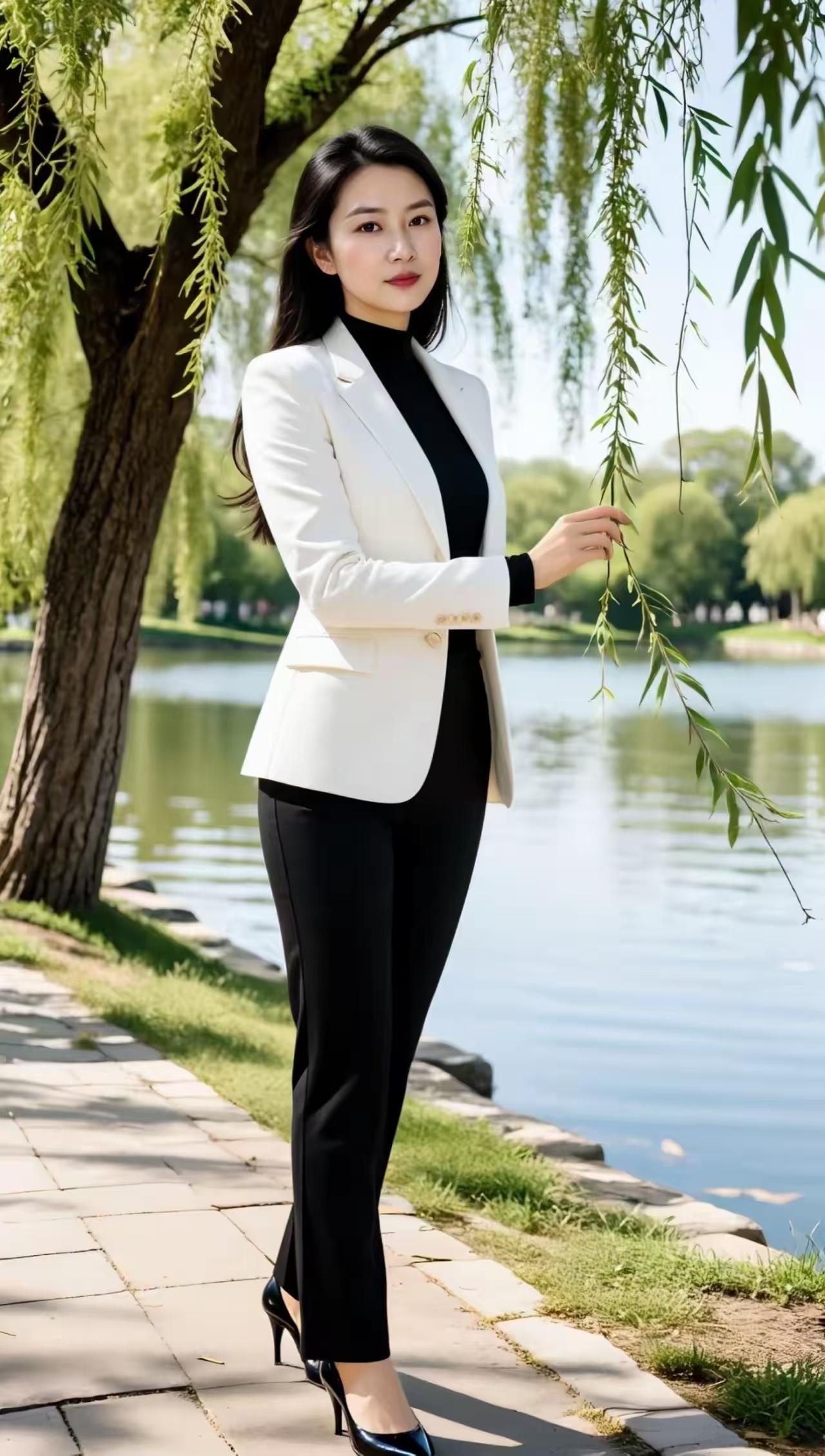 塞鸿秋·职场雅姿白衣挺括英姿显，玄衫内敛风情敛。纤丝轻点流光闪，高跟碎钻