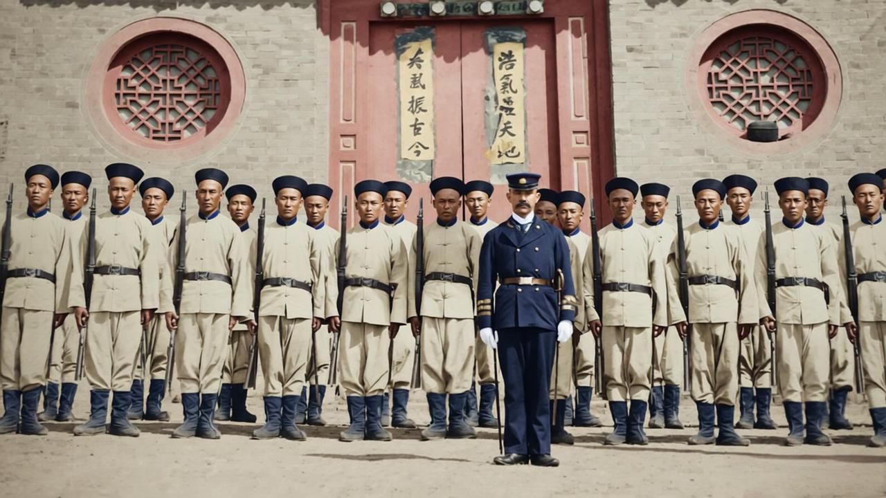 这张照片记录的是清末洋务运动时期，地方督抚组建、聘请外籍教官训练的新式陆军部队，