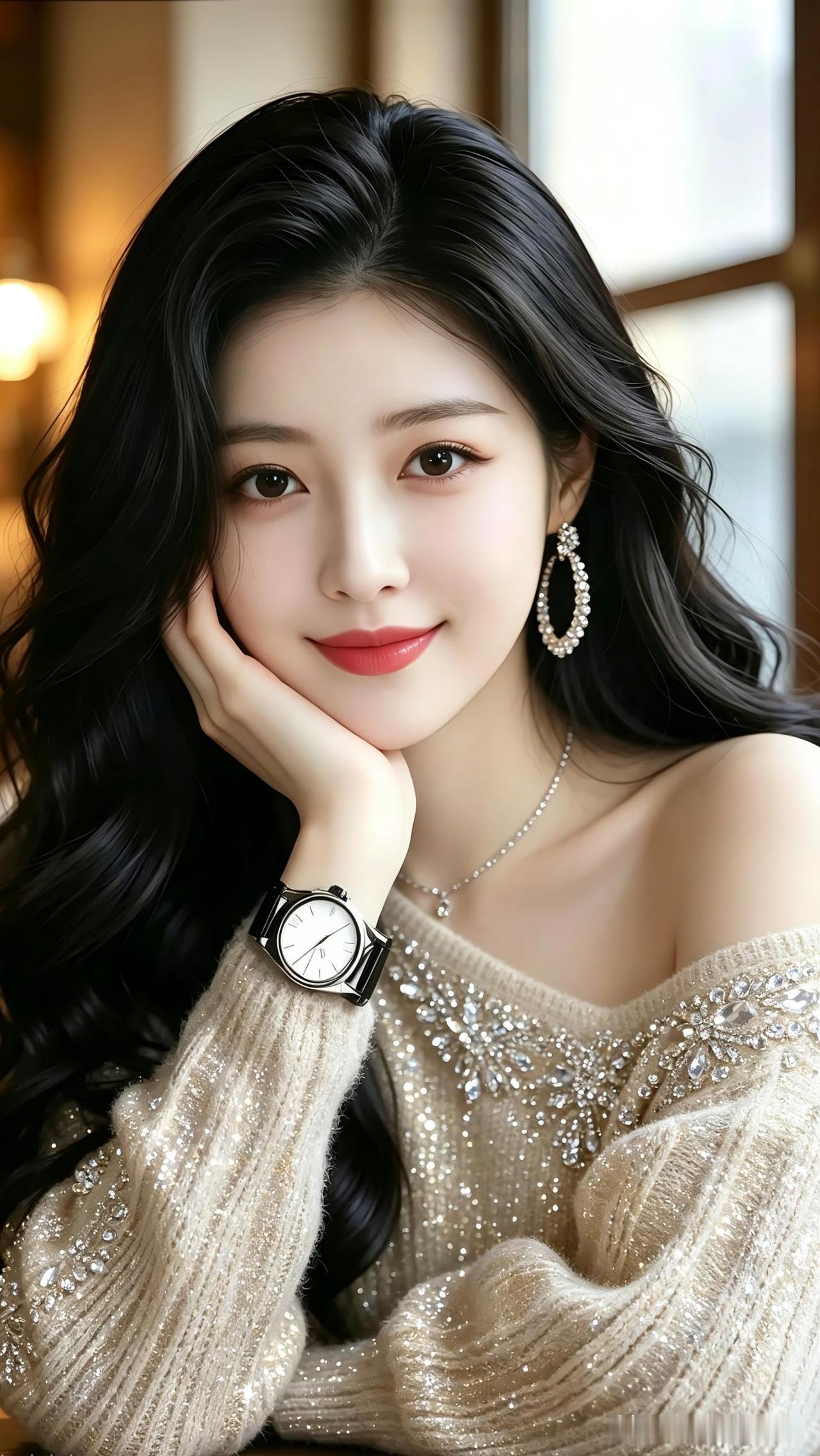 温柔甜美的少女，黑发红唇，闪闪发光的耳环和毛衣，优雅动人。