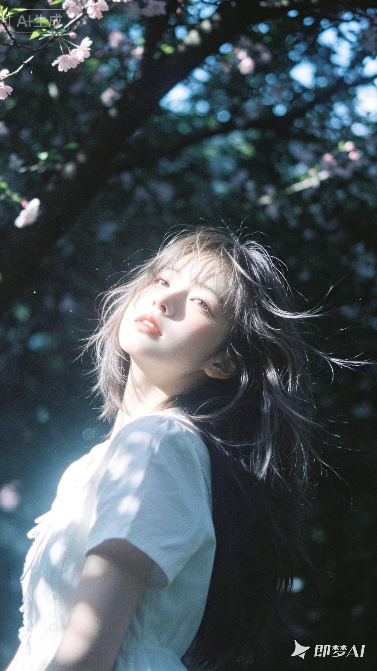 樱花树下，少女轻闭双眼，享受春日暖阳。