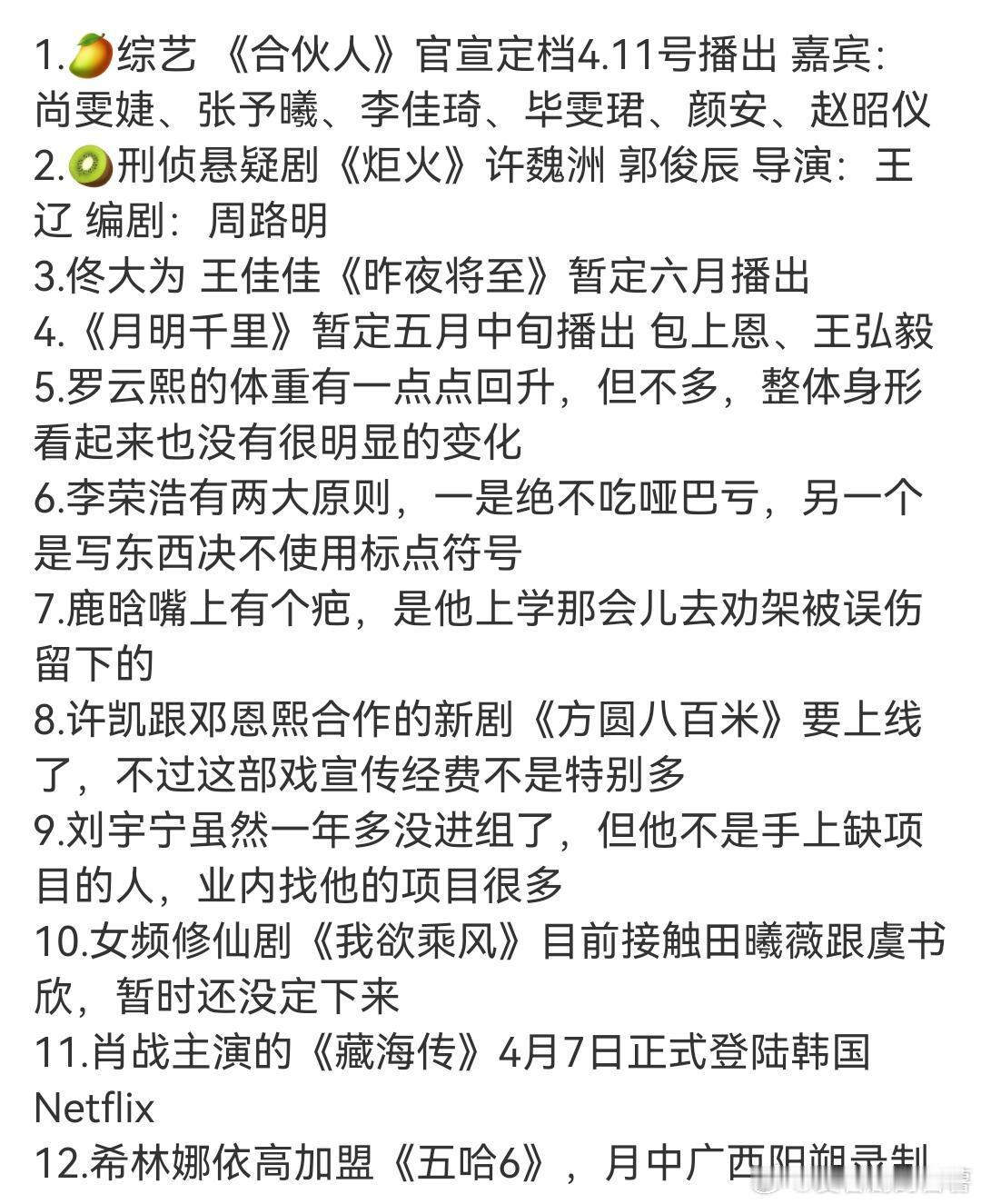 🍉1.🥭综艺《合伙人》官宣定档4.11号播出嘉宾：尚雯婕、张予曦、李佳琦、