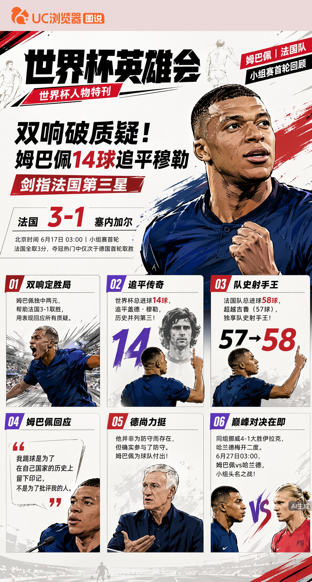 双响破质疑！姆巴佩14球追平穆勒，剑指法国第三星