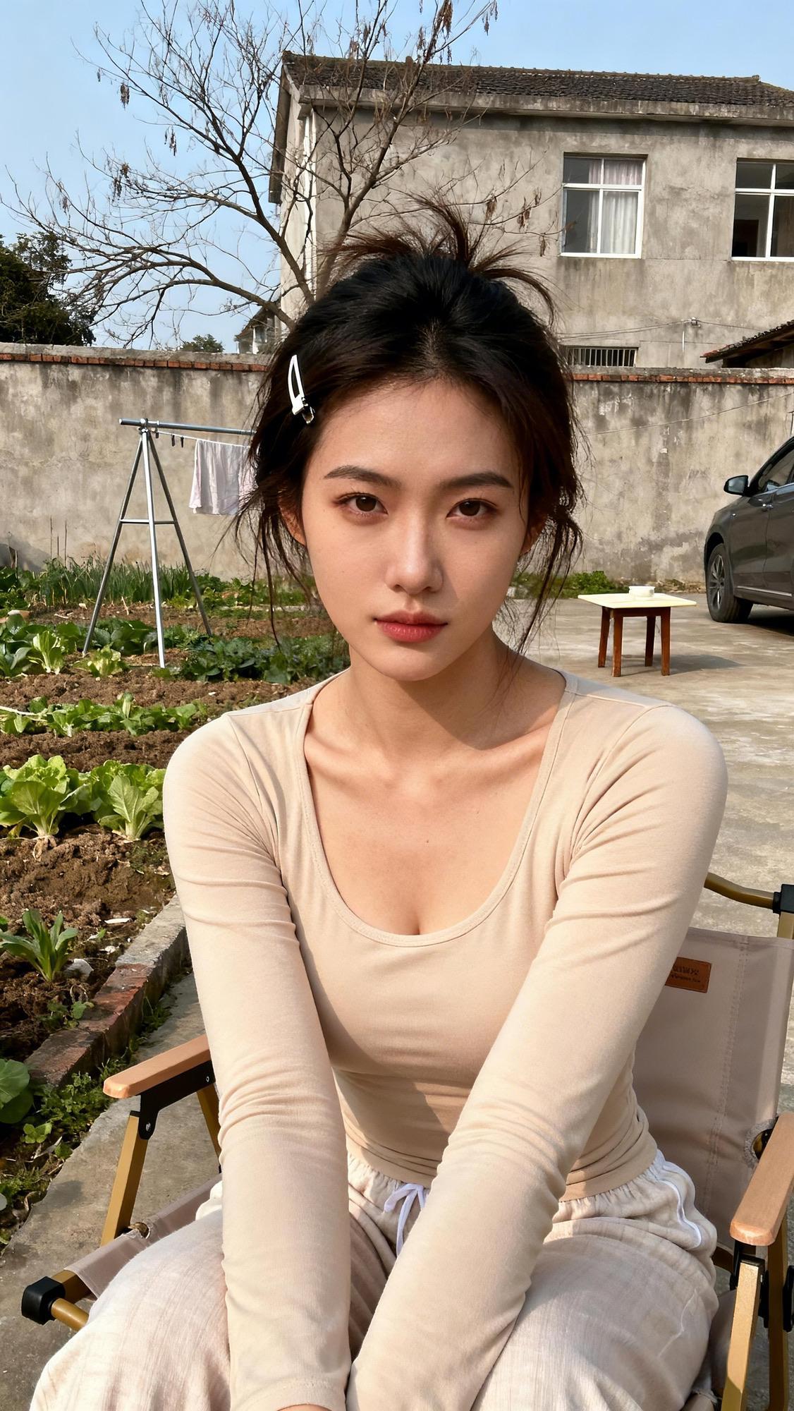 晴光漫过乡居的院落，水泥地映着疏朗的树影，菜畦里的青叶舒展着鲜活的绿意。静坐于椅