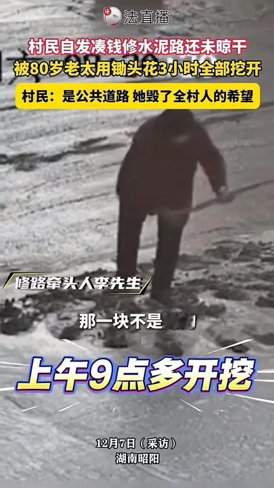 邵阳，村民自发凑钱修水泥路，结果水泥还没干，就被80岁老太太用锄头花3小