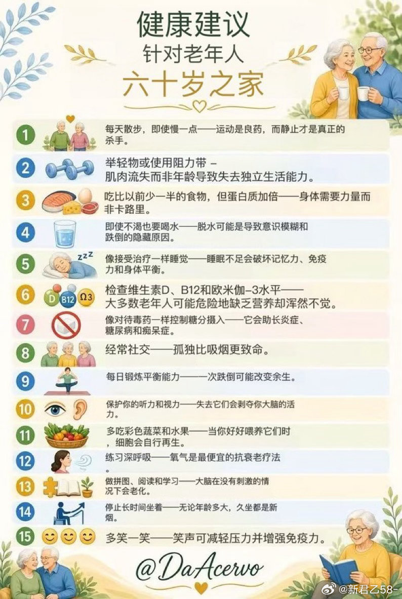 老年人健康15条干货，建议收藏转给家里长辈✔坚持走动+力量训练，防止肌肉流失✔增