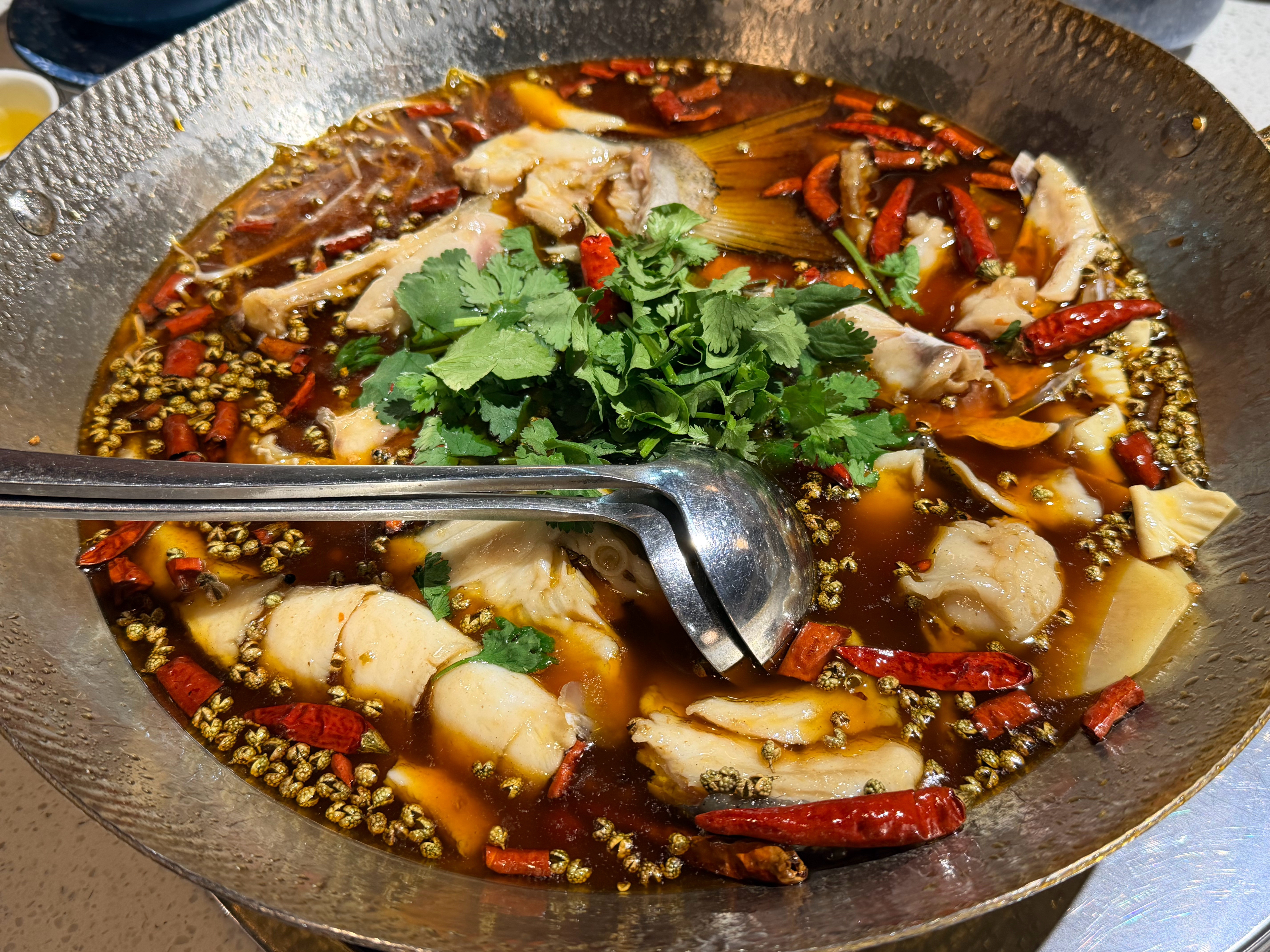 两大一下点了一个水煮鱼，选的花鲢瘦身鱼，3.1斤，差不多142元；点了一个脑花豆