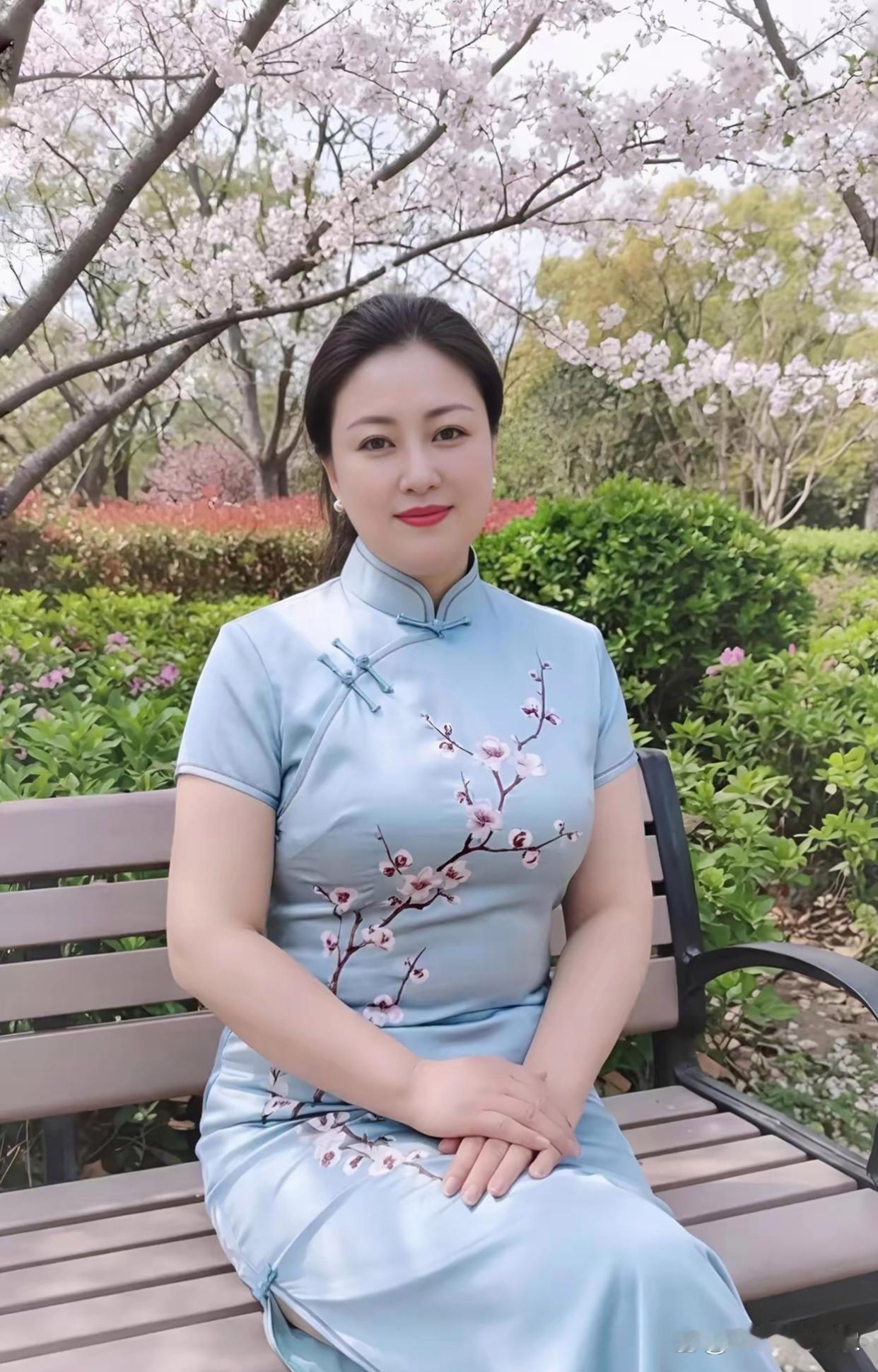 穿旗袍的女士坐在公园长椅上。