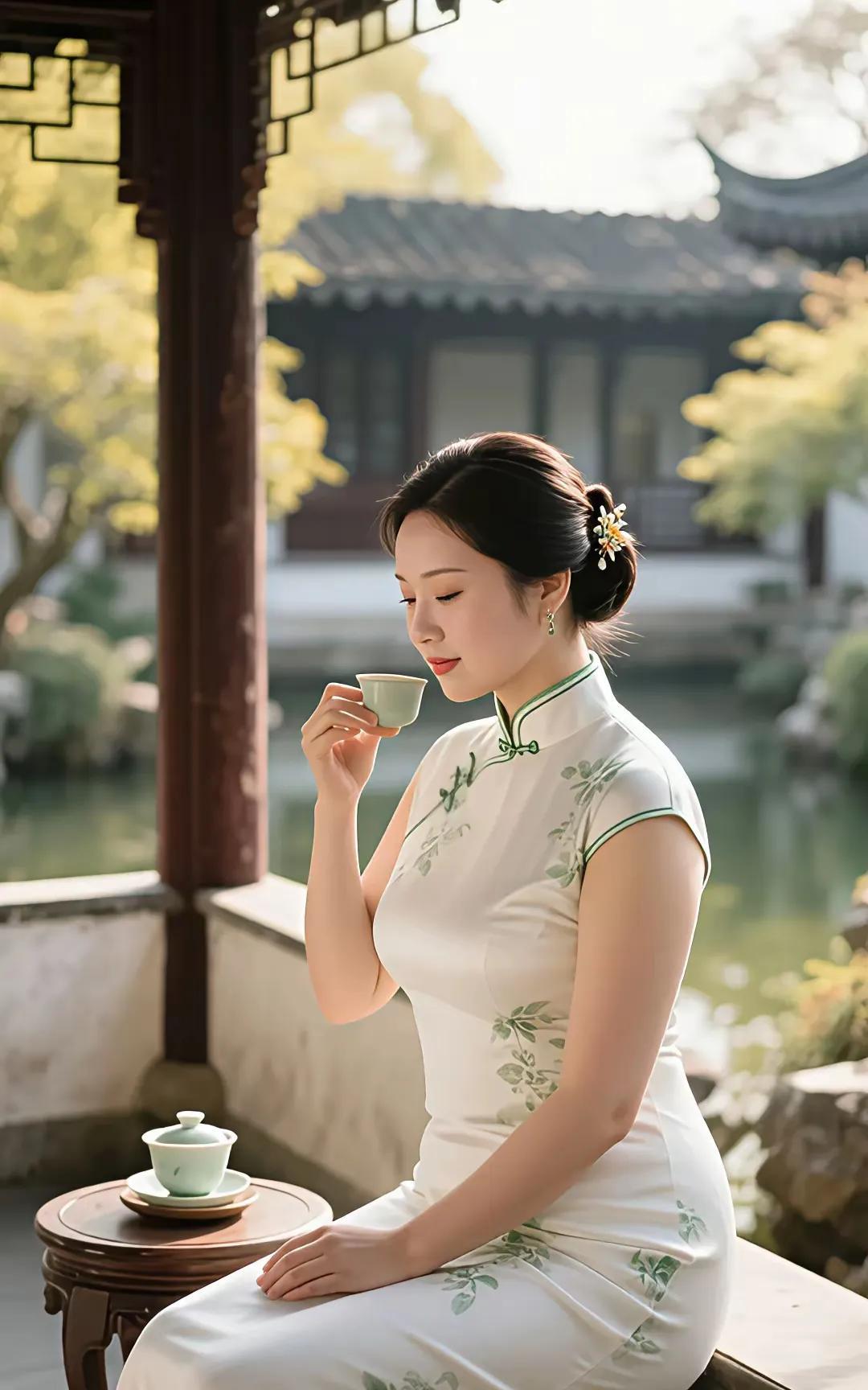 闲品时光慢品茶，端庄贤惠幸福家。幽居雅韵情温婉，……请友续句【清风拔动弹