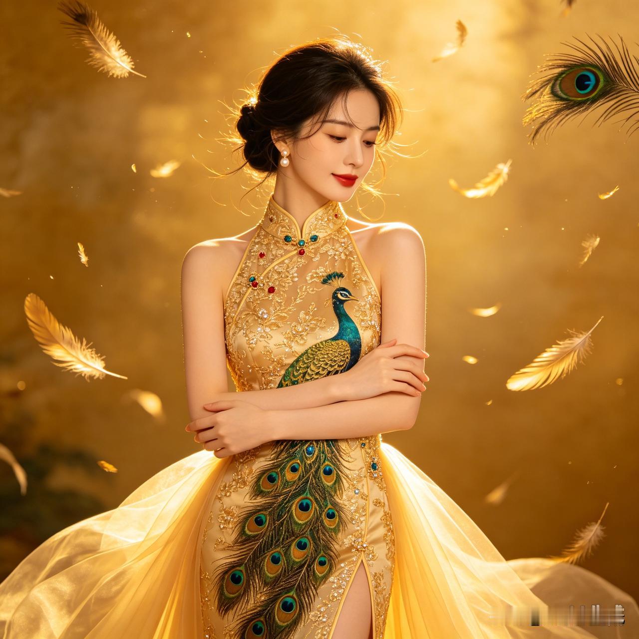 国风孔雀旗袍一袭鎏金孔雀旗袍，把东方独有的温婉与华贵尽数演绎。精致孔雀翎刺绣