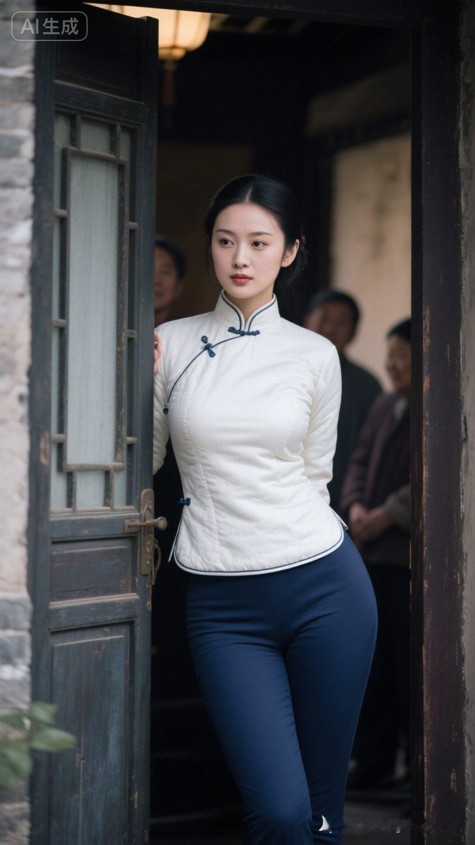 穿越时空的古典美人，白衣蓝裤，韵味十足！