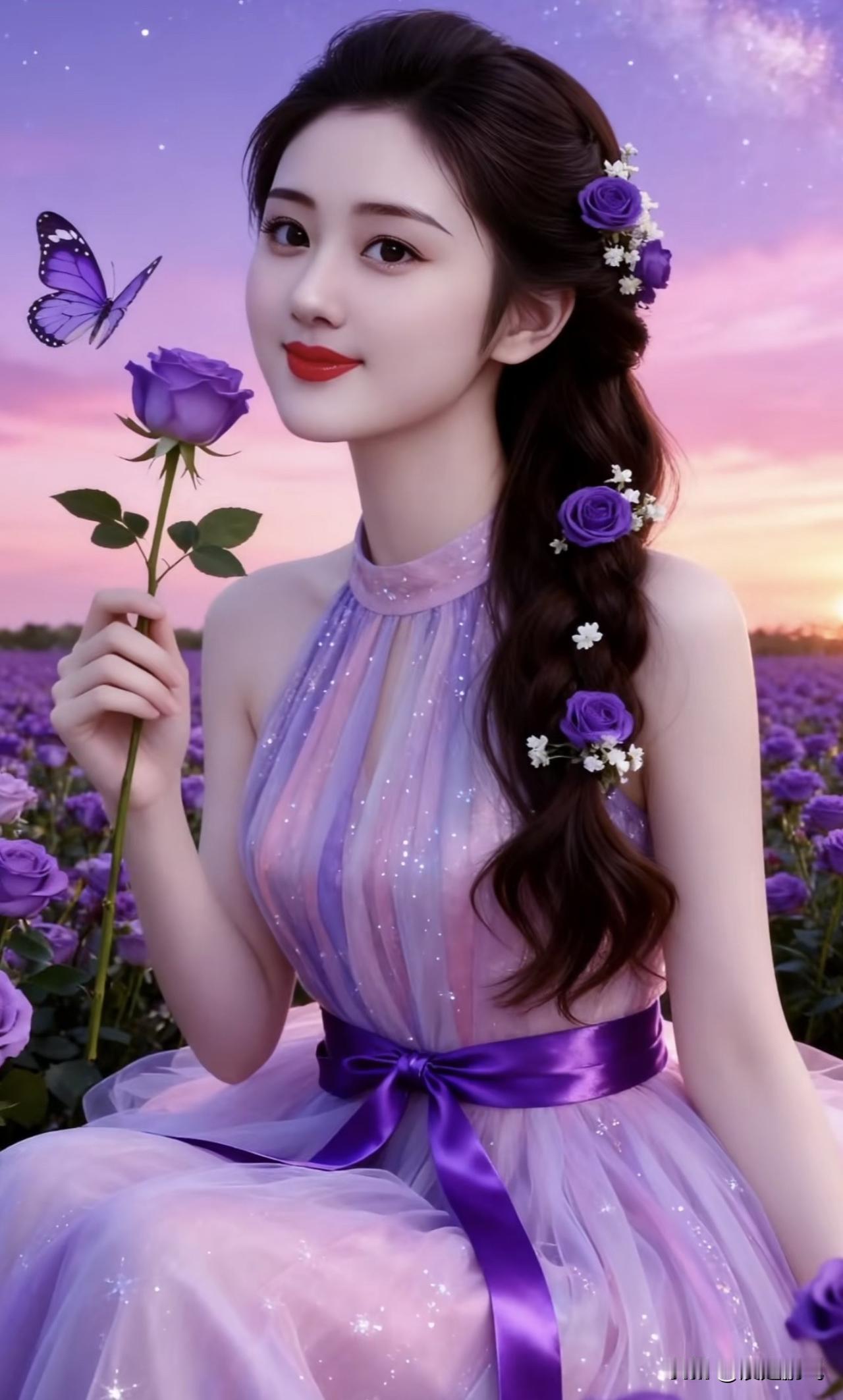 梦幻花海中的紫色仙子，手持玫瑰，宛如童话故事中的公主。紫色花海照紫色花海少女