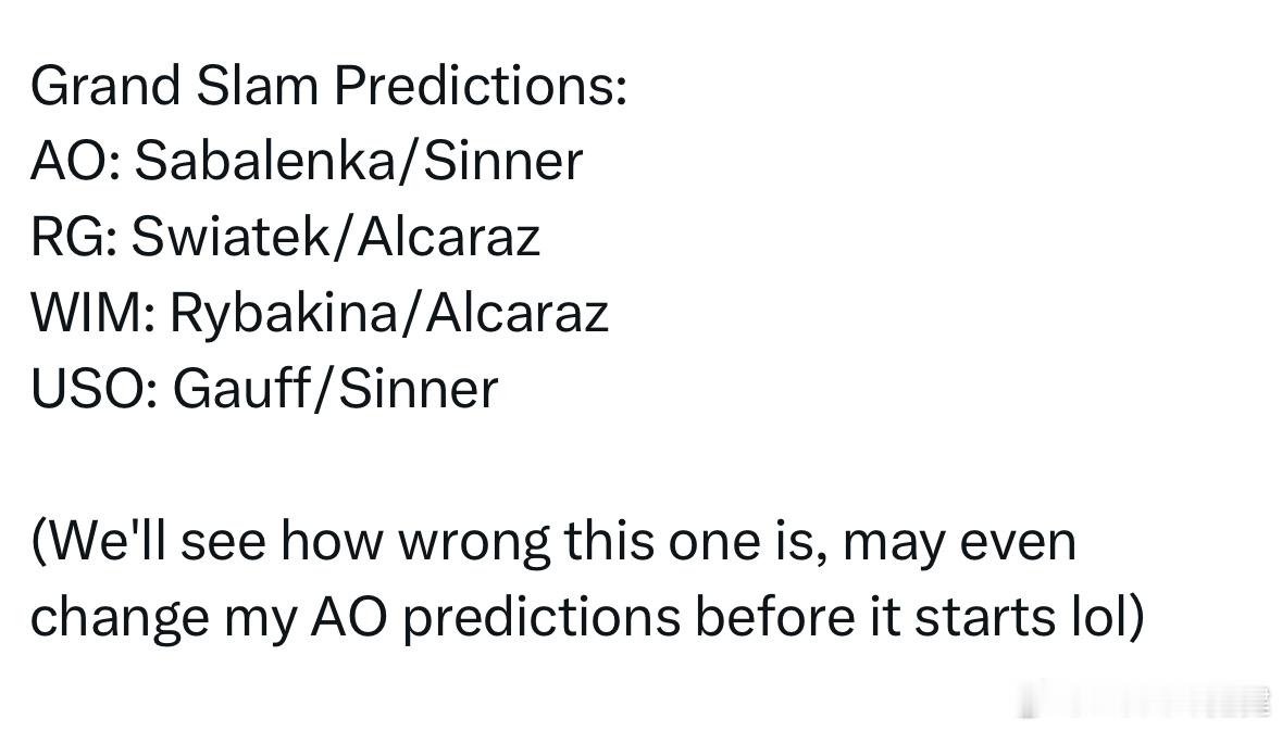 外国网友预测的2026四大满贯冠军：澳网：萨巴伦卡/辛纳法网：斯瓦泰克/阿尔卡拉