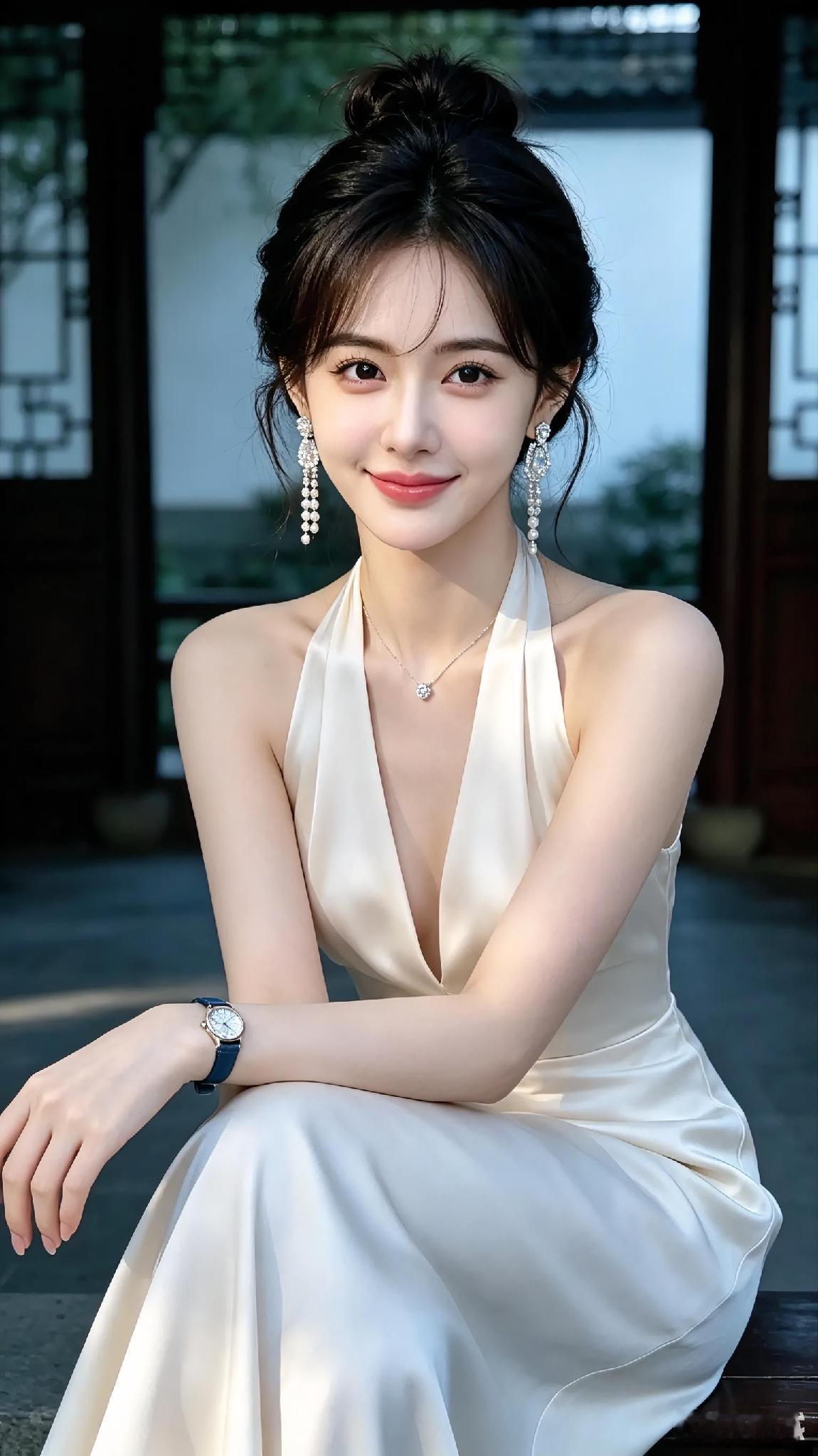 夜深人静，美女独坐湖畔庭院中，你在思念谁？还带着迷人的甜甜笑，大概是想到了……