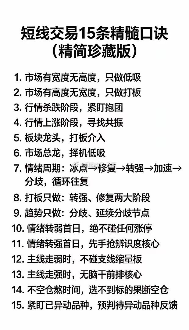 短线交易里，很多人亏钱是没交易原则，全凭感觉操作。其实，短线有不少精髓口诀。像“