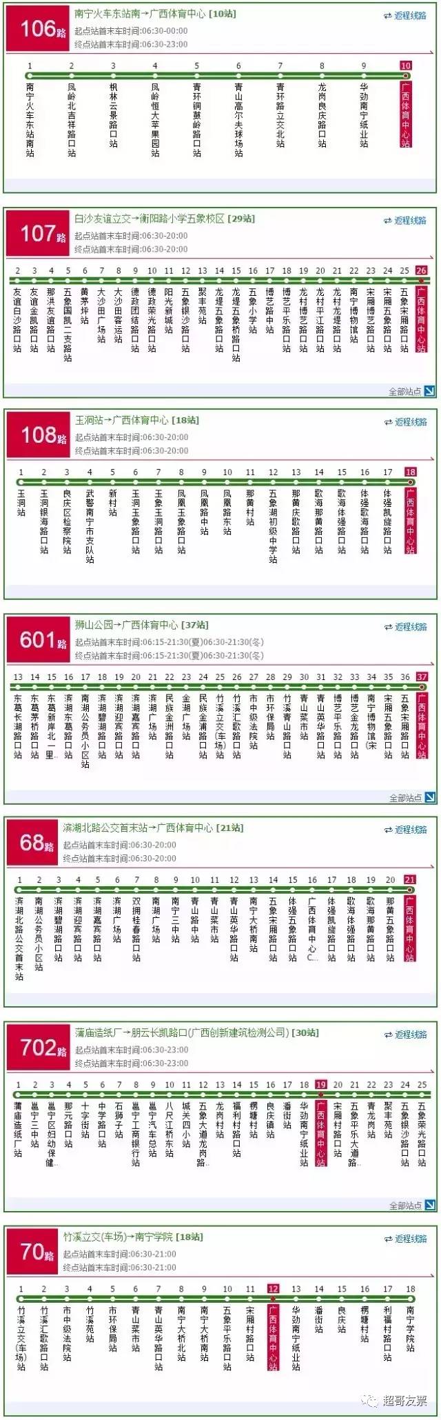 体育中心的线路有106路,107路,108路,601路,68路,702路,70路公交线路